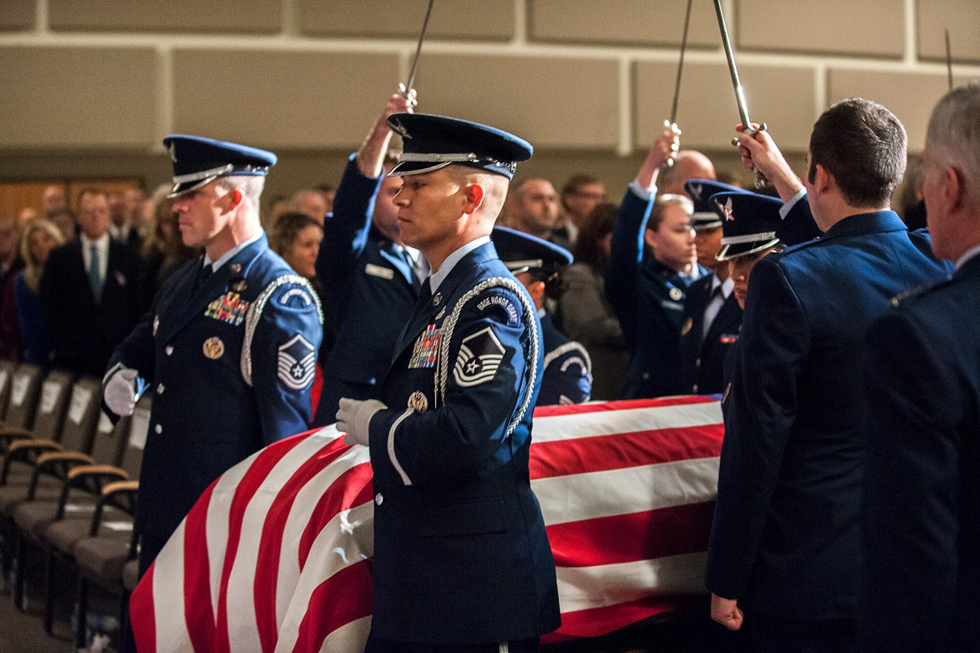 COLORADO SPRINGS, Colo. – The High Frontier Honor Guard escorts the casket of Capt. David Lyon, 21st Logistics Readiness Squadron, into the sanctuary during his funeral service Jan. 8. Lyon was killed in action Dec. 27 after the enemy attacked his convoy in Afghanistan. (U.S. Air Force photo/Craig Denton)