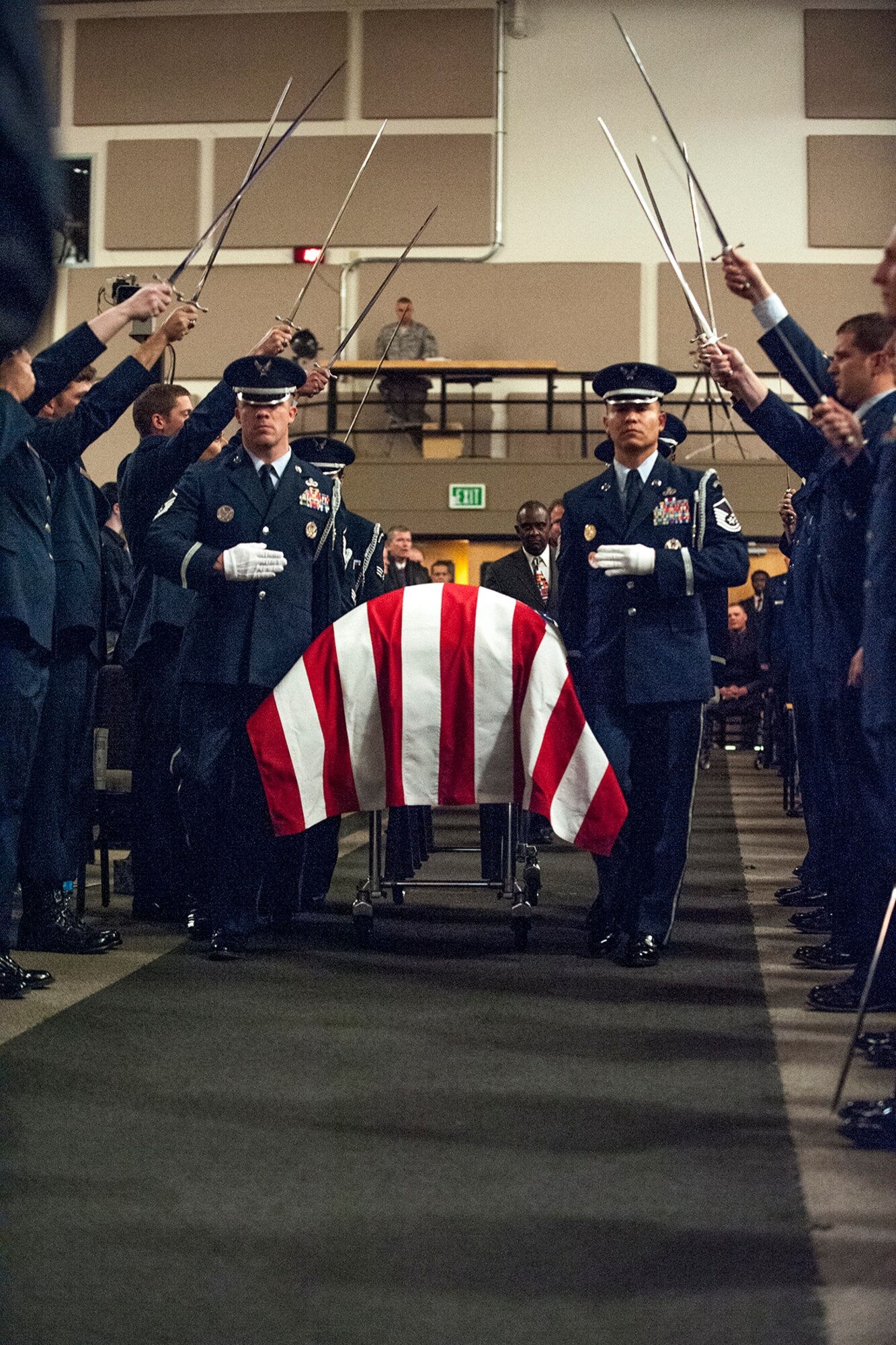 COLORADO SPRINGS, Colo. – The High Frontier Honor Guard escorts the casket of Capt. David Lyon, 21st Logistics Readiness Squadron, into the sanctuary during his funeral service Jan. 8. Lyon was killed in action Dec. 27 after the enemy attacked his convoy in Afghanistan. (U.S. Air Force photo/Craig Denton)