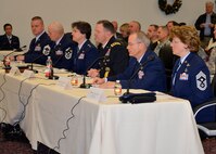 Photo by Lori Newman
(From left) Chief Master Sgt. Brian O’Mullan, representing the command chief, Air Force Intelligence, Surveillance and Reconnaissance Agency; Chief Master Sgt. Craig S. Recker, command chief, 37th Training Wing; Maj. Gen. Margaret B. Poore, commander, Air Force Personnel Center; Lt. Gen. Perry Wiggins, commander, U.S. Army North (Fifth Army) and senior Army commander, Fort Sam Houston and Camp Bullis; Brig. Gen. Robert LaBrutta, commander, 502nd Air Base Wing and Joint Base San Antonio; and Chief Master Sgt. Rhonda S. Buening, command chief, 67th Cyberspace Wing participant in a public hearing Jan. 6 at the Military and Family Readiness Center at JBSA-Fort Sam Houston.