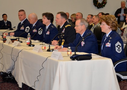 Photo by Lori Newman
(From left) Chief Master Sgt. Brian O’Mullan, representing the command chief, Air Force Intelligence, Surveillance and Reconnaissance Agency; Chief Master Sgt. Craig S. Recker, command chief, 37th Training Wing; Maj. Gen. Margaret B. Poore, commander, Air Force Personnel Center; Lt. Gen. Perry Wiggins, commander, U.S. Army North (Fifth Army) and senior Army commander, Fort Sam Houston and Camp Bullis; Brig. Gen. Robert LaBrutta, commander, 502nd Air Base Wing and Joint Base San Antonio; and Chief Master Sgt. Rhonda S. Buening, command chief, 67th Cyberspace Wing participant in a public hearing Jan. 6 at the Military and Family Readiness Center at JBSA-Fort Sam Houston.