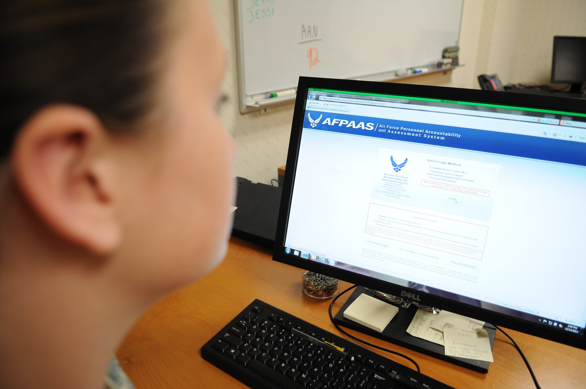 Staff Sgt. Erica Sherwood, 434th Force Support Squadron personnel specialist, uses the Air Force Personnel Accountability and Assessment System at Grissom Air Reserve Base, Ind., Dec. 13, 2013. AFPAAS allows the Air Force to account for all members and dependents affected by a disaster by using one system. (U.S. Air Force photo/Tech. Sgt. Mark R. W. Orders-Woempner)
