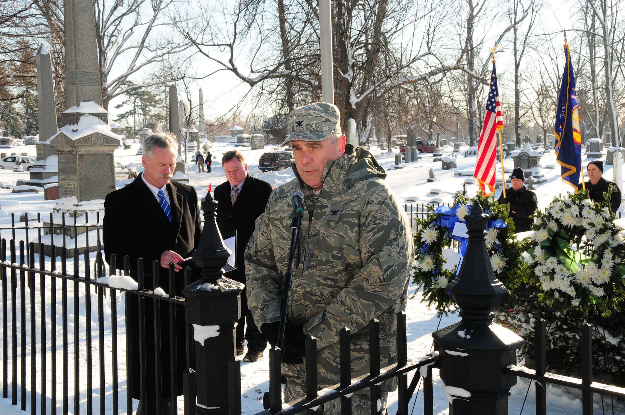Col. John Higgins, Commander of the New York Air National Guard's 107th Airlift Wing, placed the wreath on behalf of President Barack Obama at Forest Lawn Cemetery in Buffalo, NY on January 9, 2014 (U.S. Air National Guard Photo/Senior Master Sgt. Ray Lloyd)