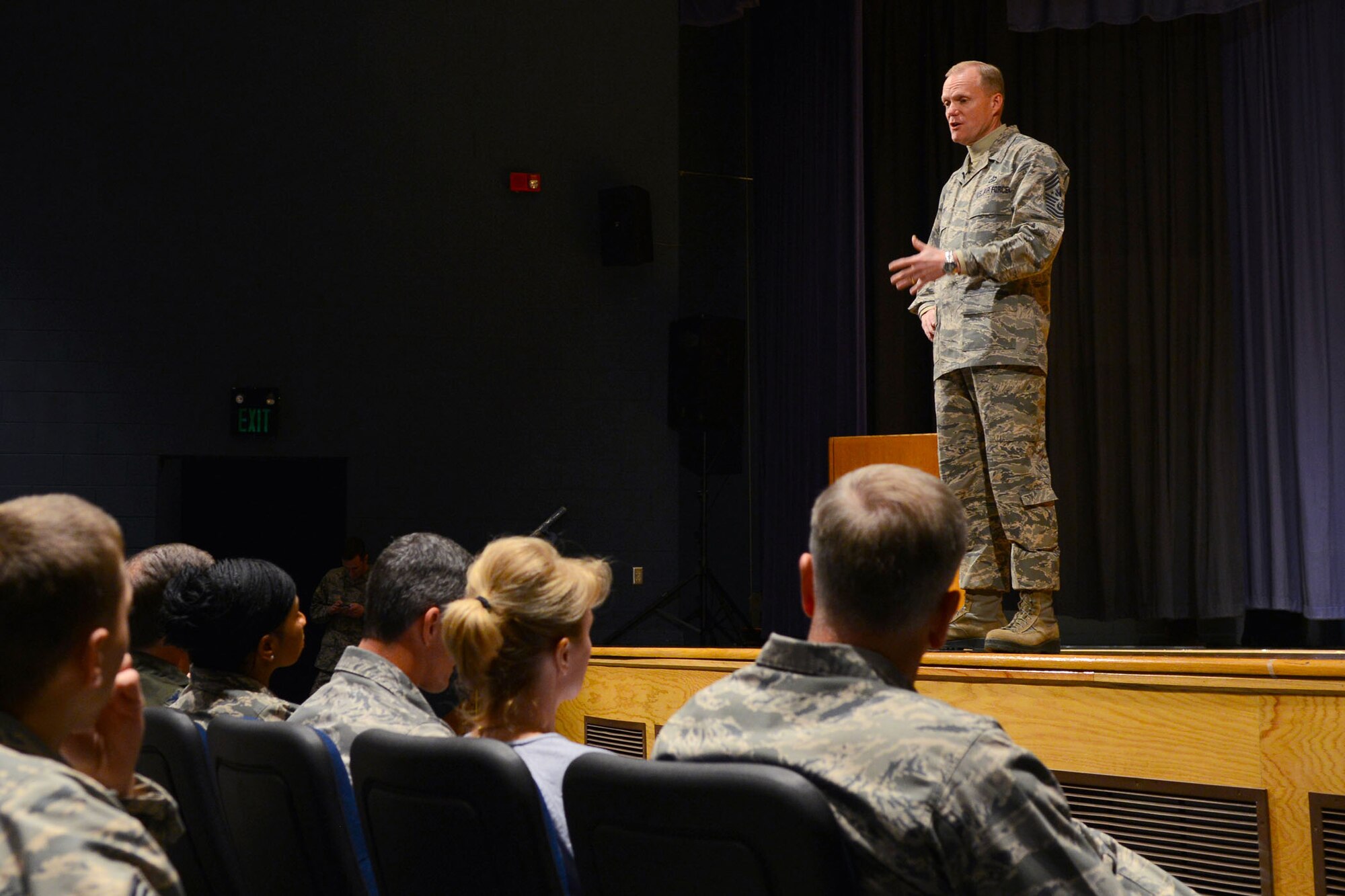Chief Master Sgt. of the Air Force James A. Cody speaks to Airmen during his visit to Langley Air Force Base, Va., Jan. 8, 2014. Cody visited multiple wings and discussed force management issues, budget concerns and the future of the enlisted force with Airmen. (U.S. Air Force photo/Airman 1st Class Victoria H. Taylor/Released)