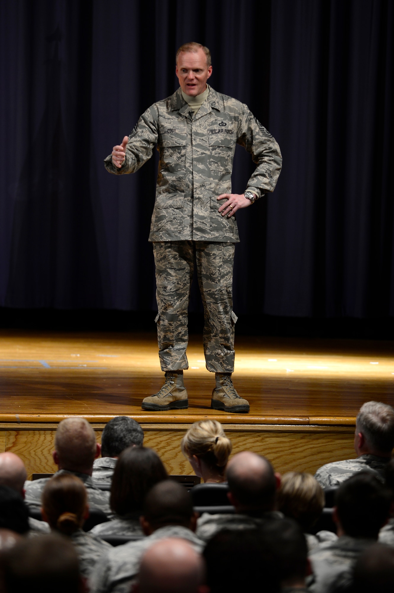 Chief Master Sgt. of the Air Force James A. Cody speaks to Airmen of Joint Base Langley-Eustis at the Base Theatre during his tour of Langley Air Force Base, Va., Jan. 8, 2014. Cody visited multiple wings and discussed force management issues, budget concerns and the future of the enlisted force with Airmen. (U.S. Air Force photo/Airman 1st Class Areca T. Wilson/Released)