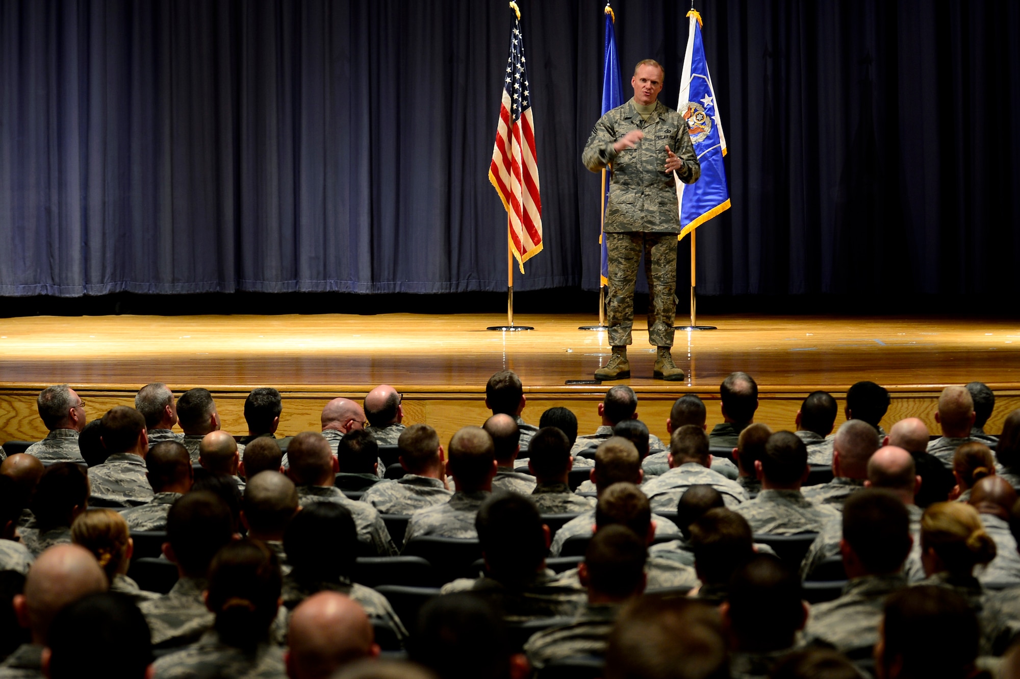 Chief Master Sgt. of the Air Force James A. Cody speaks to Airmen of Joint Base Langley-Eustis at the Base Theatre during his tour of Langley Air Force Base, Va., Jan. 8, 2014. Cody visited multiple wings and discussed force management issues, budget concerns and the future of the enlisted force with Airmen. (U.S. Air Force photo/Airman 1st Class Areca T. Wilson/Released)