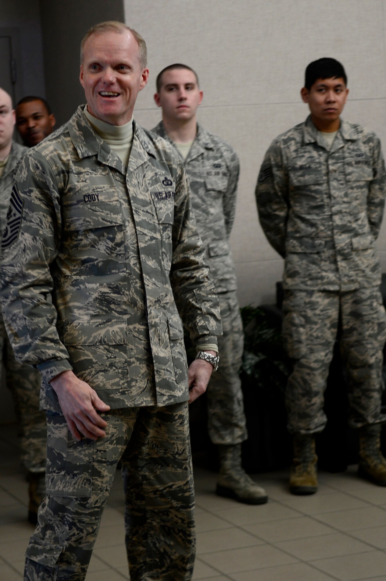 Chief Master Sgt. of the Air Force James A. Cody speaks to the 1st Operations Support Squadron during his tour of Langley Air Force Base, Va., Jan. 7, 2014. Cody visited multiple wings and discussed force management issues, budget concerns and the future of the enlisted force with Airmen. (U.S. Air Force photo/Airman 1st Class Areca T. Wilson/Released)