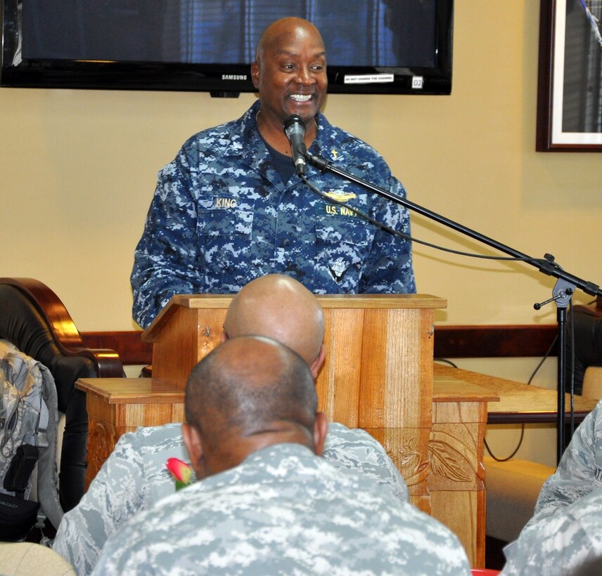 U.S. Navy Capt. Ronnie King, Command Chaplain, U.S. Southern Command, visited with members of Joint Task Force-Bravo during a "Prayer Breakfast" sponsored by the Joint Task Force-Bravo Chapel, Jan. 9, 2013. As command chaplain, King is responsible for coordinating chaplain support to ensure the free exercise of religion for Army, Navy, Air Force, Marine and Coast Guard service members, their family members and other U.S. personnel within the SOUTHCOM area of responsibility. (U.S. Air Force photo by Capt. Zach Anderson)
 