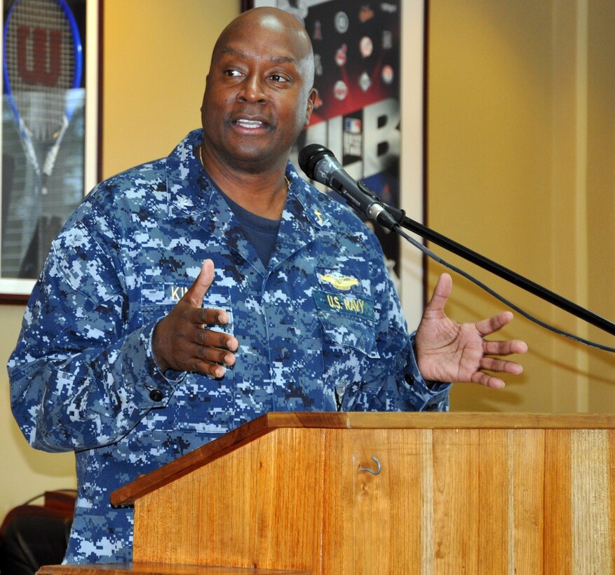 U.S. Navy Capt. Ronnie King, Command Chaplain, U.S. Southern Command, visited with members of Joint Task Force-Bravo during a "Prayer Breakfast" sponsored by the Joint Task Force-Bravo Chapel, Jan. 9, 2013. As command chaplain, King is responsible for coordinating chaplain support to ensure the free exercise of religion for Army, Navy, Air Force, Marine and Coast Guard service members, their family members and other U.S. personnel within the SOUTHCOM area of responsibility. (U.S. Air Force photo by Capt. Zach Anderson)
 