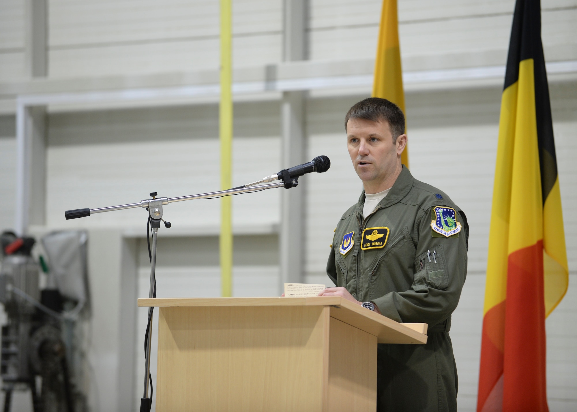 Lt. Col. Lendy Renegar, 48th Air Expeditionary Group commander talks about mission readiness during a Change of Command ceremony at Šiauliai Air Base, Lithuania, Jan. 3, 2014. The ceremony acknowledged the transfer of the Baltic Air Policing mission from the Belgian air force to the U.S. Air Force. The U.S. will maintain Lithuania’s sovereign air space for a period of four months. (U.S. Air Force photo by Airman 1st Class Nigel Sandridge/Released)