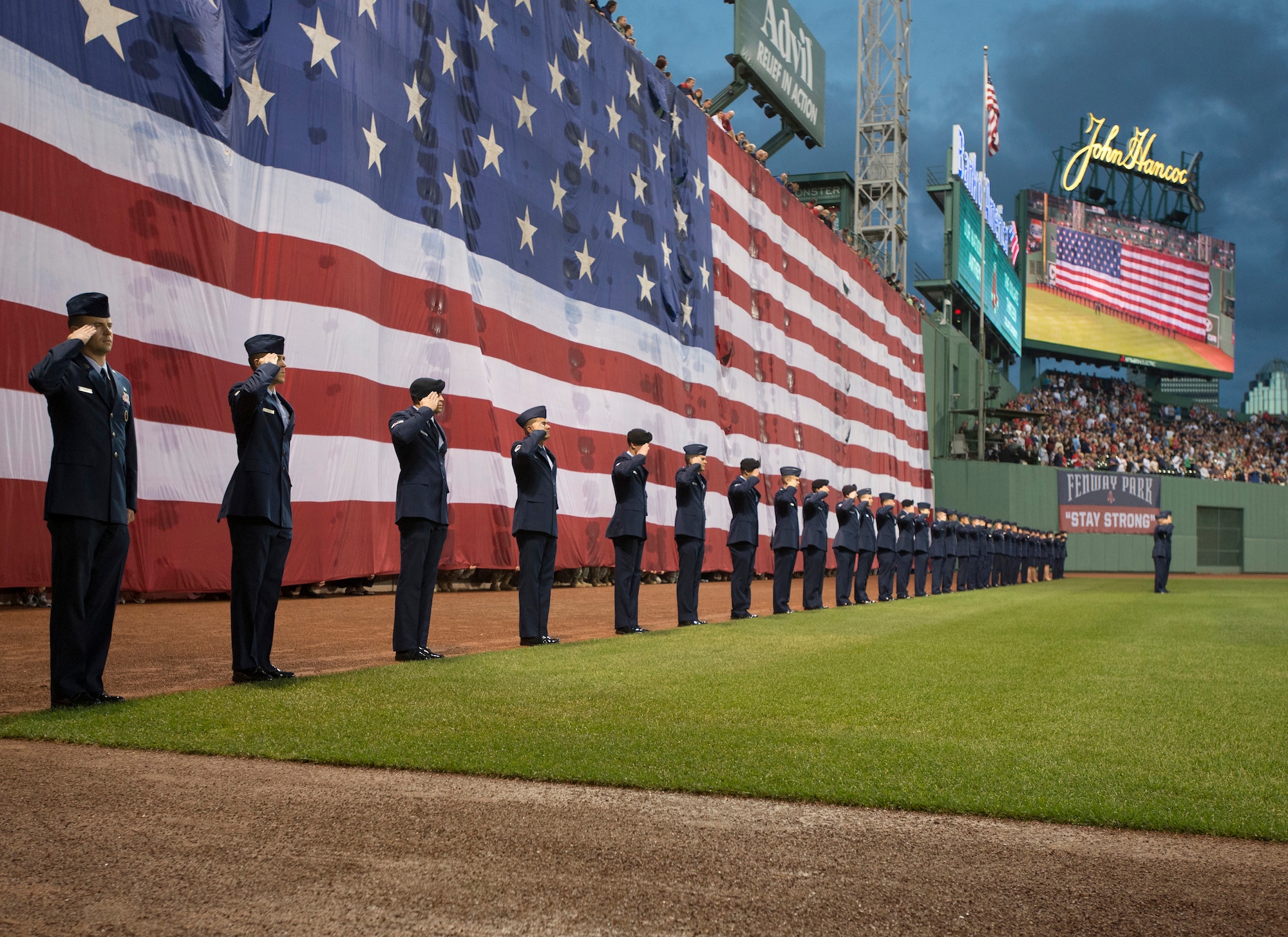 BOSTON, Mass. – Airmen from Hanscom Air Force Base, Mass., participate in a special flag ceremony at Fenway Park prior to a game between the Boston Red Sox and the New York Yankees. Hanscom has a long-standing community partnership with the Red Sox organization. (U.S. Air Force Photo by Walter Santos)