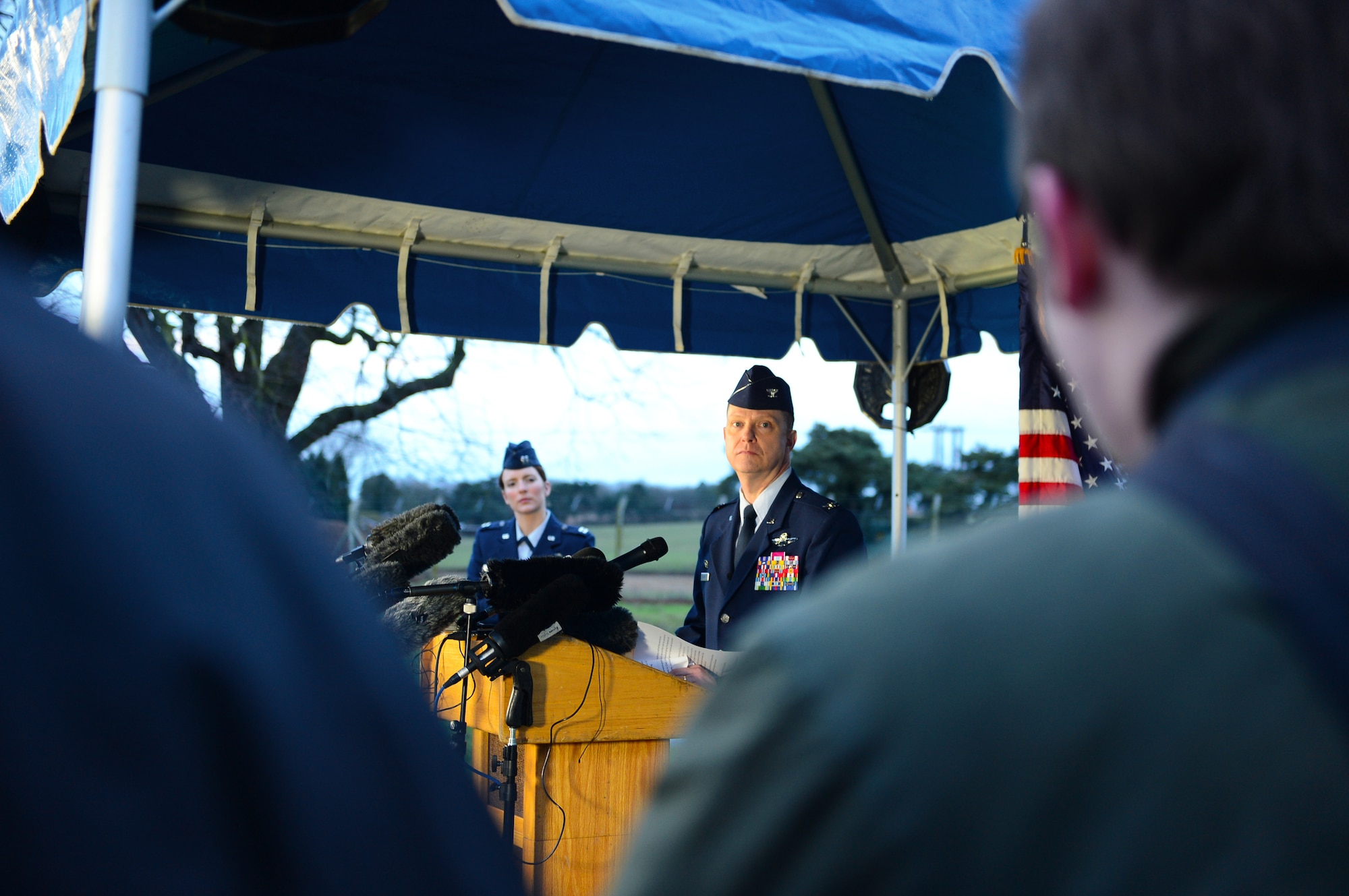 Col. Kyle Robinson, 48th Fighter Wing commander, talks to media during a press conference Jan. 9, 2014 at Royal Air Force Lakenheath, England. The press conference was held to address the tragedy of the HH-60 Pave Hawk helicopter crash, Tuesday, Jan. 7, 2014. (U.S. Air Force photo by Airman 1st Class Dawn M. Weber)