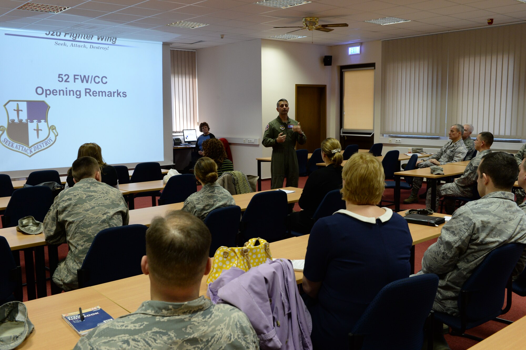 SPANGDAHLEM AIR BASE, Germany -- Col. David Julazadeh, commander of 52nd Fighter Wing, speaks before more than 40 Airmen and their families during a town hall session at the Viper Conference Room Jan. 8, 2014. The sessions encouraged participants to voice their concerns and suggestions over topics facing the Spangdahlem community. (U.S. Air Force photo by Staff Sgt. Joe W. McFadden / Released) 