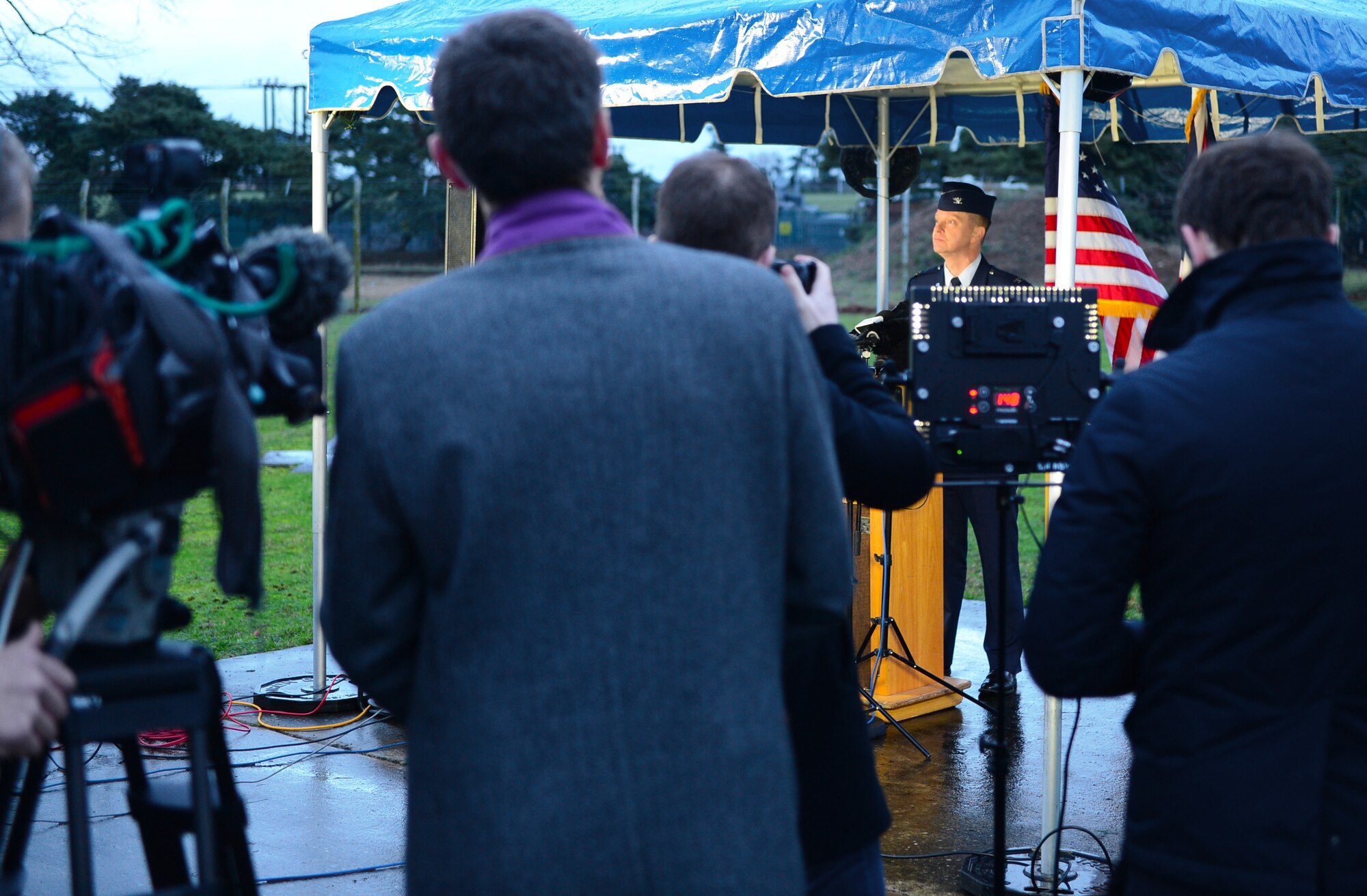 Col. Kyle Robinson, 48th Fighter Wing commander, talks to media during a press conference Jan. 9, 2014 at Royal Air Force Lakenheath, England. The press conference was held to address the tragedy of the HH-60 Pave Hawk helicopter crash, Tuesday, Jan. 7, 2014. (U.S. Air Force photo by Airman 1st Class Dawn M. Weber)