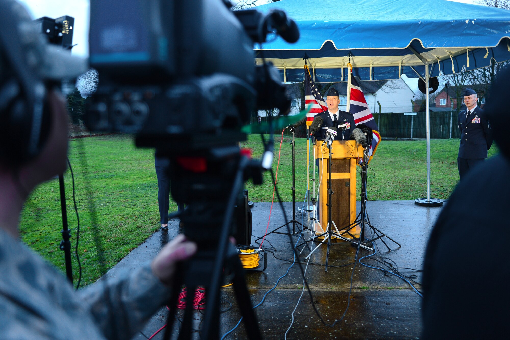 Col. Kyle Robinson, 48th Fighter Wing commander, talks to media during a press conference Jan. 9, 2014 at Royal Air Force Lakenheath, England. The press conference was held to address the tragedy of the HH-60 Pave Hawk helicopter crash, Tuesday, Jan. 7, 2014. (U.S. Air Force photo by Airman 1st Class Dawn M. Weber)