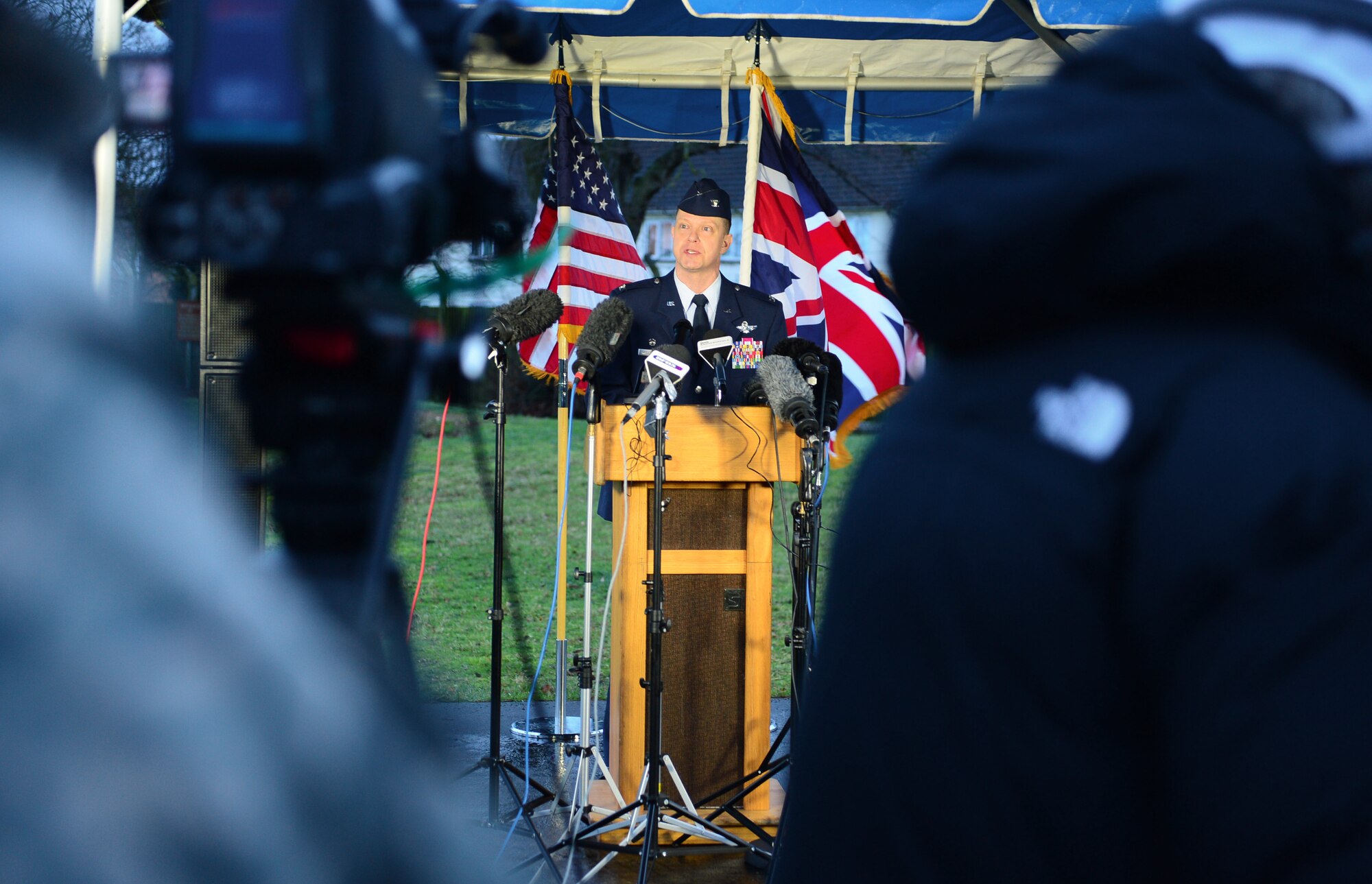 Col. Kyle Robinson, 48th Fighter Wing commander, talks to media during a press conference Jan. 9, 2014 at Royal Air Force Lakenheath, England. The press conference was held to address the tragedy of the HH-60 Pave Hawk helicopter crash, Tuesday, Jan. 7, 2014. (U.S. Air Force photo by Airman 1st Class Dawn M. Weber)