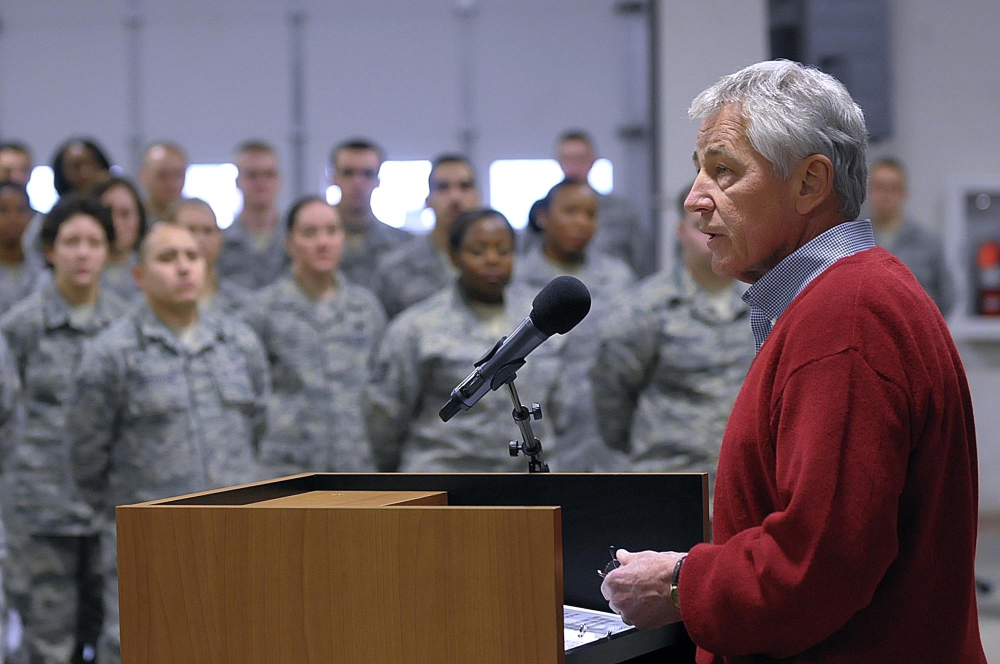 Defense Secretary Chuck Hagel visited Airmen from the 90th Missile Wing at F.E. Warren Air Force Base, Wyo., Jan. 9, 2014,  to learn about the ICBM mission and the people who operate, maintain, secure and support the Minuteman III weapon system. Hagel took time to speak to Airmen who were selected as top performers by their leaders during an Airmen’s event. (U.S. Air Force photo/R.J. Oriez)