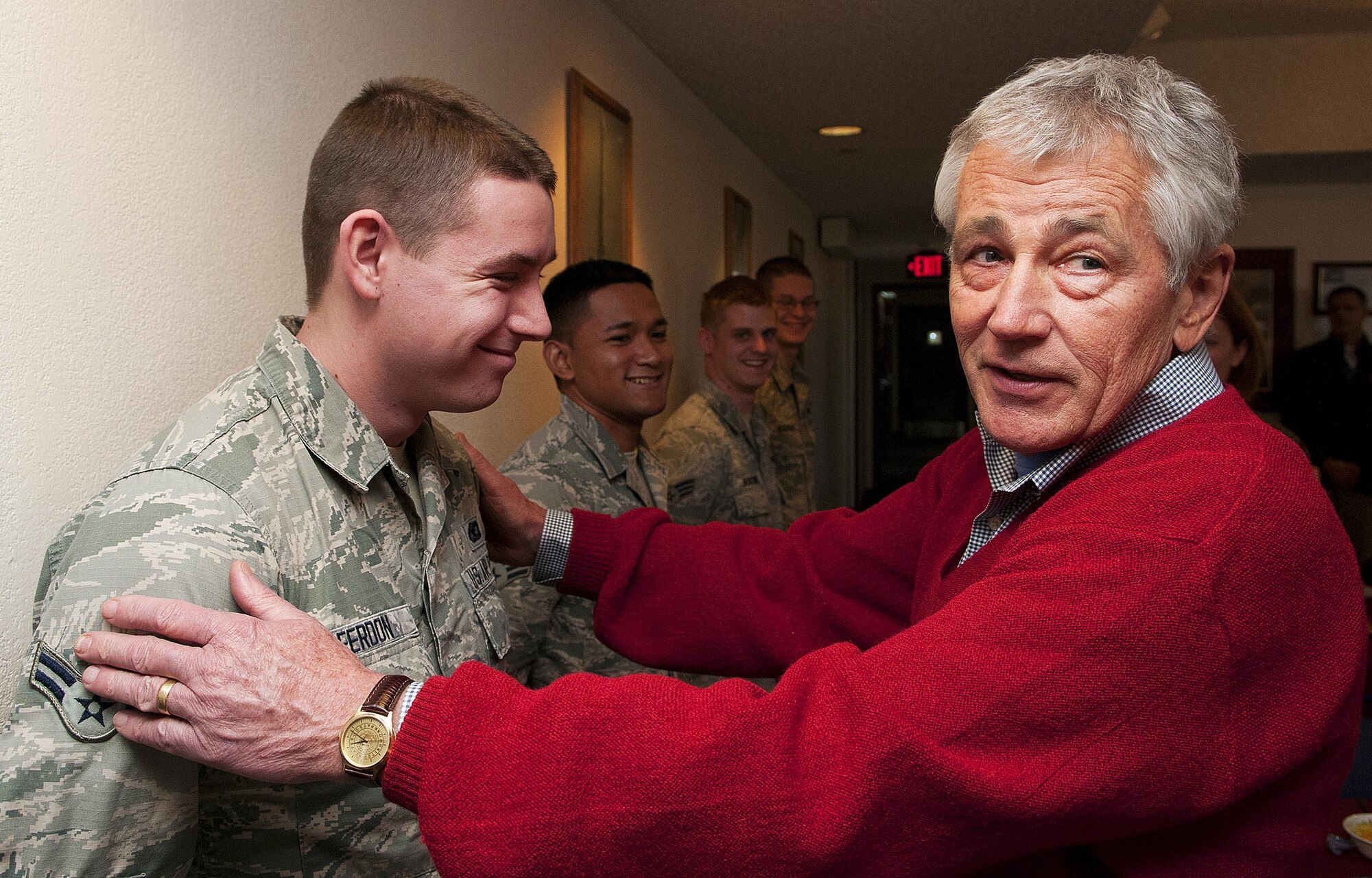 Defense Secretary Chuck Hagel reacts as he hears that Airman 1st Class Alexander Ferdon, a 790th Missile Security Forces Squadron, was born in Omaha, Neb. Hagel toured the 319th Missile Squadron’s Missile Alert Facility Echo-01 in Kimball County, Neb., Jan. 9, 2014 as part of a familiarization visit to F.E. Warren Air Force Base, Wyo., and the 90th Missile Wing. Hagel is a former U.S. senator from Nebraska. (U.S. Air Force photo/R.J. Oriez)