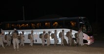 Marines and sailors with Combat Logistics Battalion 24, Combat Logistics Regiment 27, 2nd Marine Logistics Group board tour buses aboard Camp Lejeune, N.C., Jan. 10, 2013. Service members are slated to participate in the Integrated Training Exercise aboard Twentynine Palms, Calif. and then return later next month.  (U.S. Marine Corps photo by Lance Cpl. Shawn Valosin)
