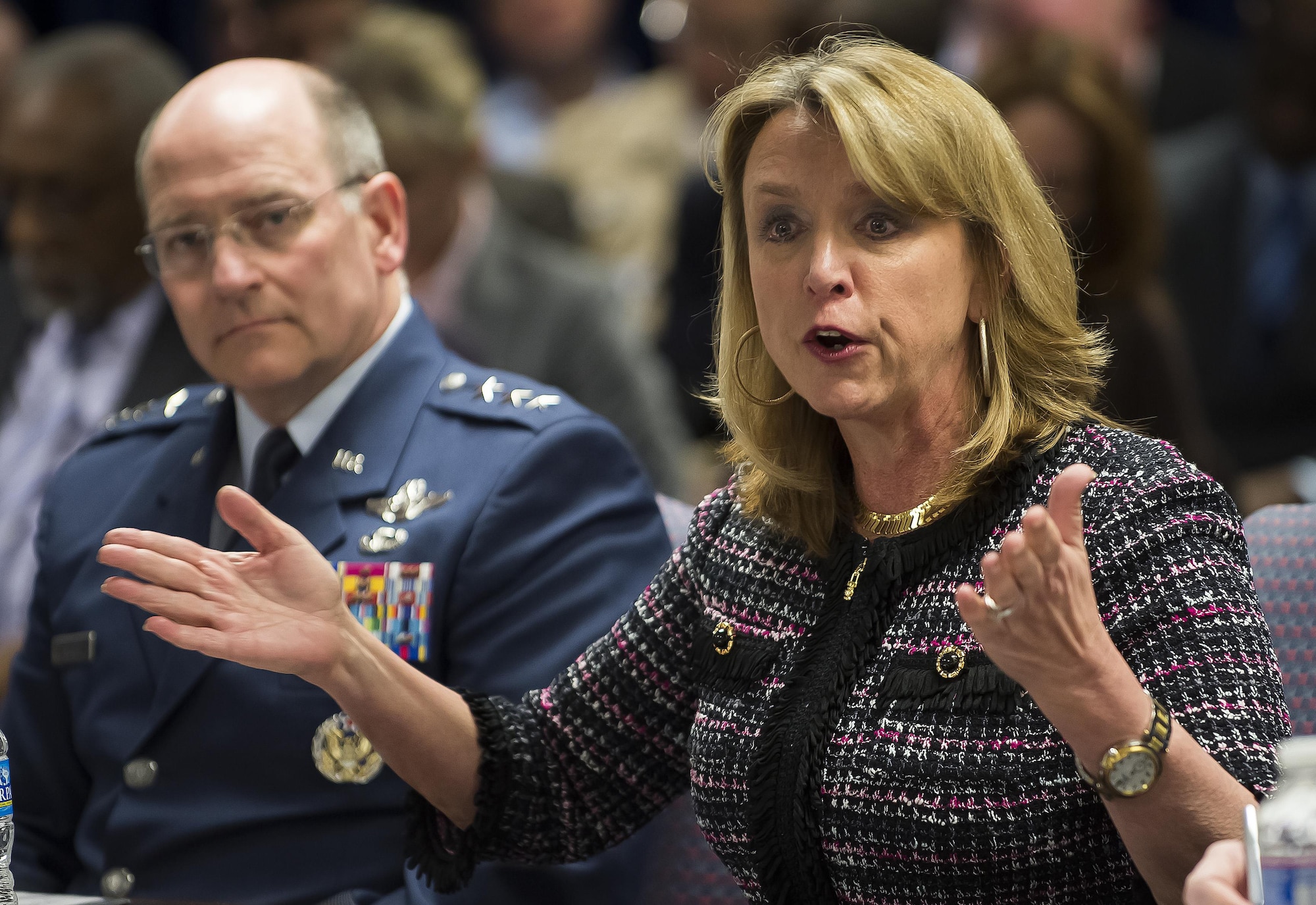 Secretary of the Air Force Deborah Lee James answers a question during a hearing of the National Commission on the Structure of the Air Force Jan. 9, 2014, in Arlington, Va. Looking on is the Chief, Air Force Reserves, Lt. Gen. James Jackson. The Commission is tasked to submit a report by Feb.1, 2014, to the President of the United States and to the Congressional defense committees with a detailed statement of its findings and conclusions. (U.S. Air Force photo/Jim Varhegyi)