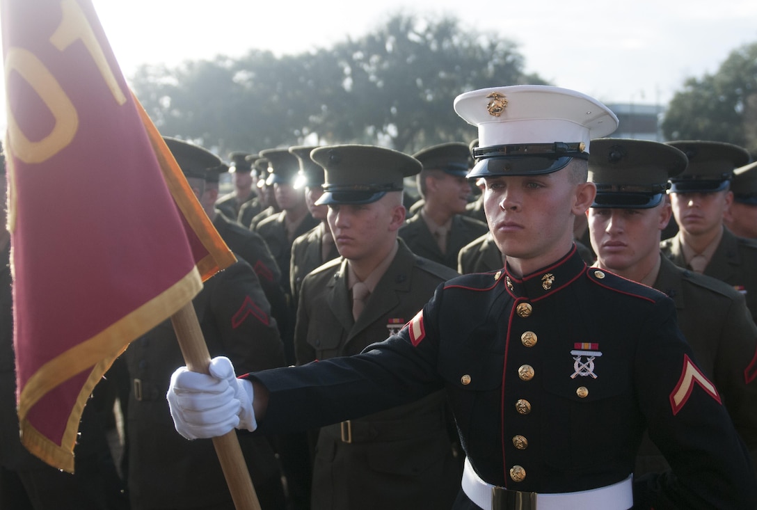 PARRIS ISLAND - S.C. - Pfc. Harry C. Meadows, honor graduate for platoon 2001, stands at parade rest before graduation here, Jan. 10, 2014. Meadows, a native of Auburn, Ala.,was recruited by Staff Sgt. Byron J. Bacon, a recruiter from Permanent Contact Station Auburn, Recruiting Station Montgomery. Meadows said the hard part of recruit training was maintaining his focus throughout the training and inspiring his peers to follow him. (U.S. Marine Corps photo by Lance Cpl. Stanley Cao/released)