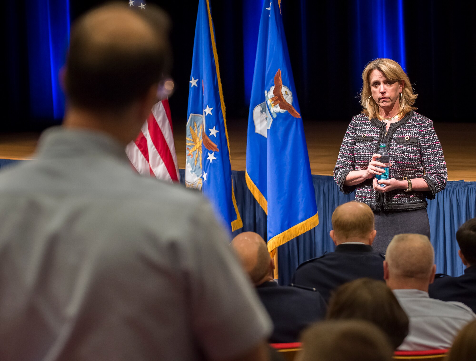 Secretary of the Air Force Deborah Lee James listens to a question from an audience member during her first town hall meeting Jan. 9, 2014, in the Pentagon auditorium, Washington, D.C. James was sworn in as the 23rd Secretary of the Air Force on Dec. 20, 2013. (U.S. Air Force photo/Jim Varhegyi)