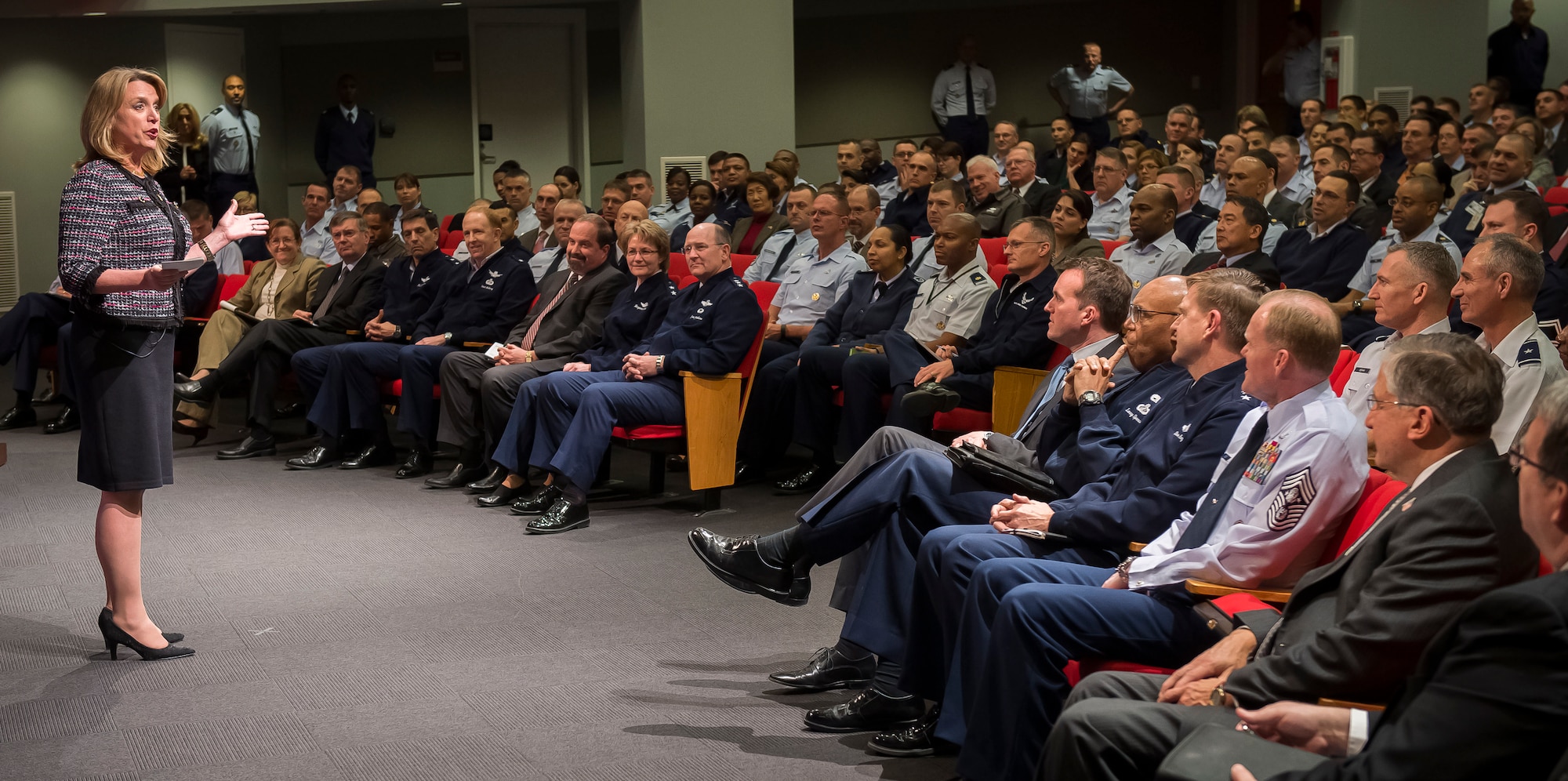 Secretary of the Air Force Deborah Lee James talks to a gathering of uniformed and civilian Airmen during her first town hall meeting Jan. 9, 2014, in the Pentagon auditorium, Washington, D.C. During her address, James spoke about her 32 years of defense experience, passing on the lessons she’s learned, and encouraging Airmen to view challenges as opportunities.  (U.S. Air Force photo/Jim Varhegyi)