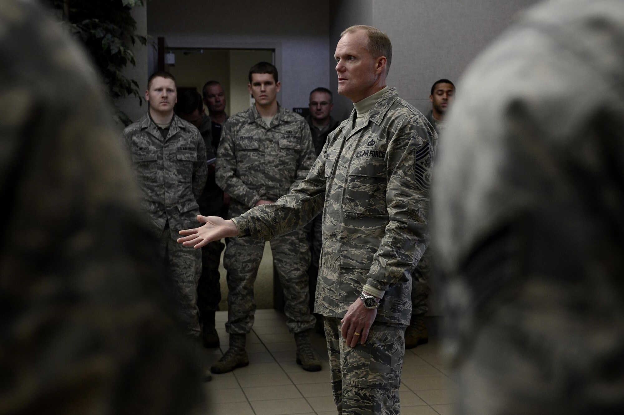 Chief Master Sgt. of the Air Force James A. Cody speaks to the 1st Operations Squadron Jan. 7, 2014, during his tour of Langley Air Force Base, Va. Cody visited multiple wings and discussed force management issues, budget concerns and the future of the enlisted force with Airmen. (U.S. Air Force photo/Airman 1st Class Areca T. Wilson)