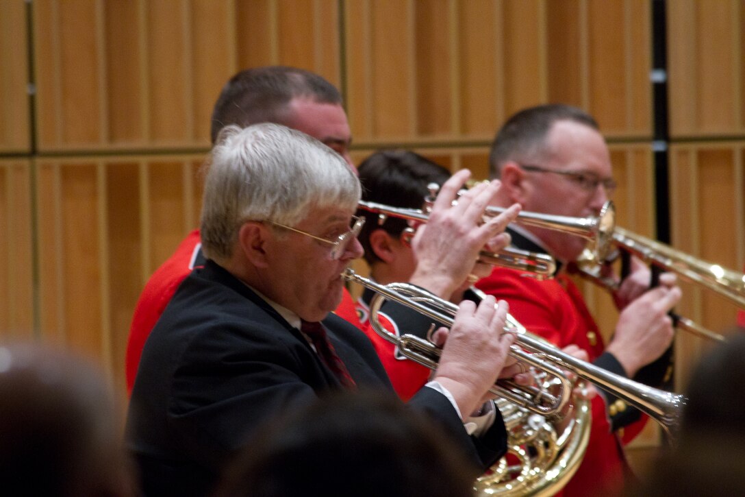 A Marine Band Brass Quintet and a brass quintet from the National Symphony Orchestra perform a joint concert on Jan. 9, 2014, in John Philip Sousa Band Hall in Washington, D.C. (U.S. Marine Corps photo by Gunnery Sgt. Amanda Simmons/released)