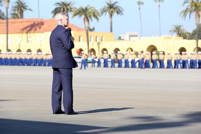 The 75th Secretary of the Navy Raymond E. Mabus, Jr. addresses Marines of Company G, 2nd Recruit Training Battalion, during their graduation ceremony aboard the depot, Jan. 10. Mabus, who visited the depot for the first time, was the Parade Reviewing Officer for the ceremony. “The Marine Corps is the greatest expeditionary fighting force the world has ever known," said Mabus. "These Marines have earned their place in it.”