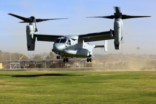 A Bell Boeing V-22 Osprey of Marine Medium Tiltrotor Squadron 161, Marine Aircraft Group 16, 3rd Marine Aircraft Wing, lands aboard the depot, Jan. 10.  The landing marked the first time an Osprey has landed on the depot. The 75th Secretary of the Navy Raymond E. Mabus, Jr. oversaw the graduation of Company G, 2nd Recruit Training Battallion, as the Parade Reviewing Officer and, upon completion of the graduation, was transported via Osprey to Marine Corps Base Camp Pendleton, Calif.