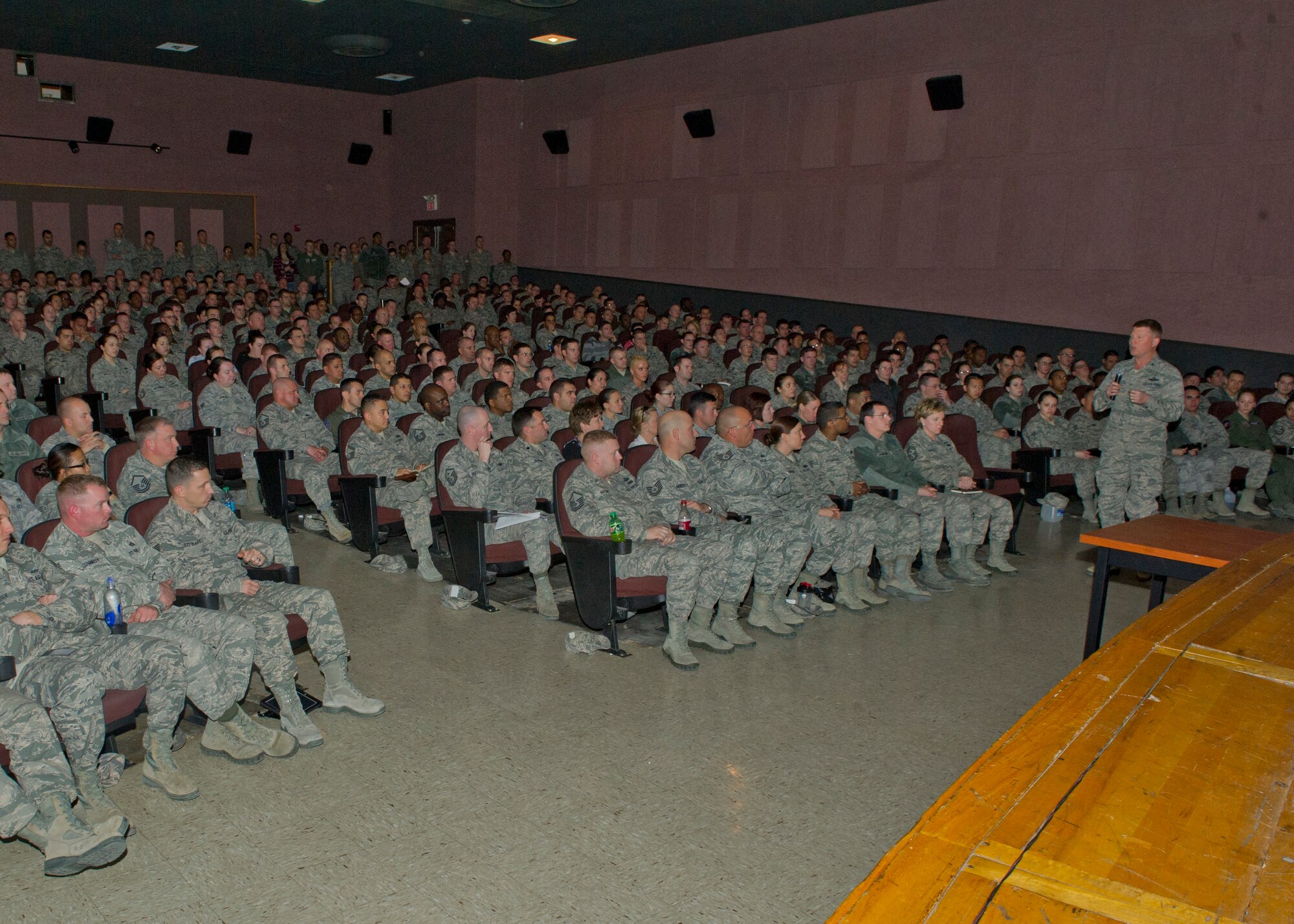 Colonel Andrew Croft, 49th Wing commander speaks with Team Holloman about the upcoming changes involved with the 2014 Force Management Program in the library annex at Holloman Air Force Base N.M., Jan. 8. Throughout the year of 2014 the Air Force will be reducing its forces by nearly eight percent using Force Management Programs, including opportunities for voluntary separation. (U.S. Air Force photo by Airman 1st Class Chase Cannon/Released)
