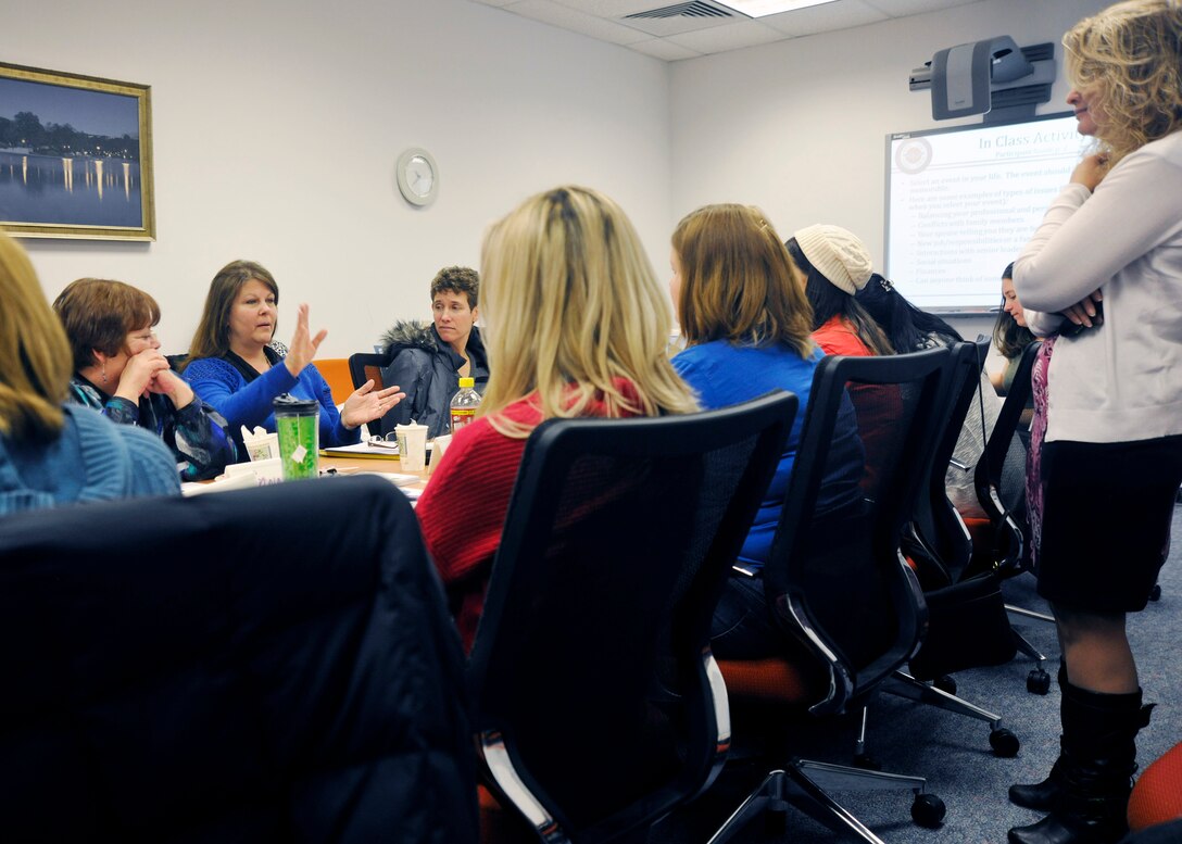 Patty Russell, Andrews Key Spouse member, gives personal insight into her own resiliency story during a resiliency training session at the Military and Family Support Center Jan. 8. The class was the first of five and included additional topics such as self-awareness and stress management. (U.S. Air Force photo/Senior Airman Lindsey A. Porter)