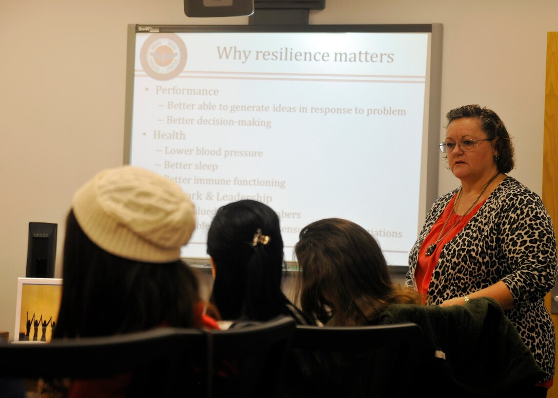 Liz Waters, Resiliency Training assistant, teaches a resiliency training class to fellow Andrews Key Spouses at the Military and Family Support Center Jan. 8. The class was the first of five and included topics such as self-awareness and stress management. (U.S. Air Force photo/Senior Airman Lindsey A. Porter)