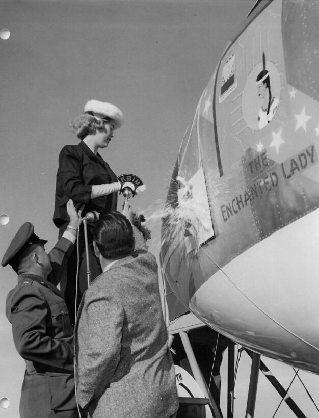 December 1957. The celebration marked the transition of the 6th Bombardment Wing at Walker Air Force Base from the use of the prop-jet B-36 to the all-jet B-52. Christening the first B-52 to be permanently stationed at Walker is Miss Laura Anderson of Roswell, New Mexico, Cotton Queen for 1957-58. (Strategic Air Command Archives)