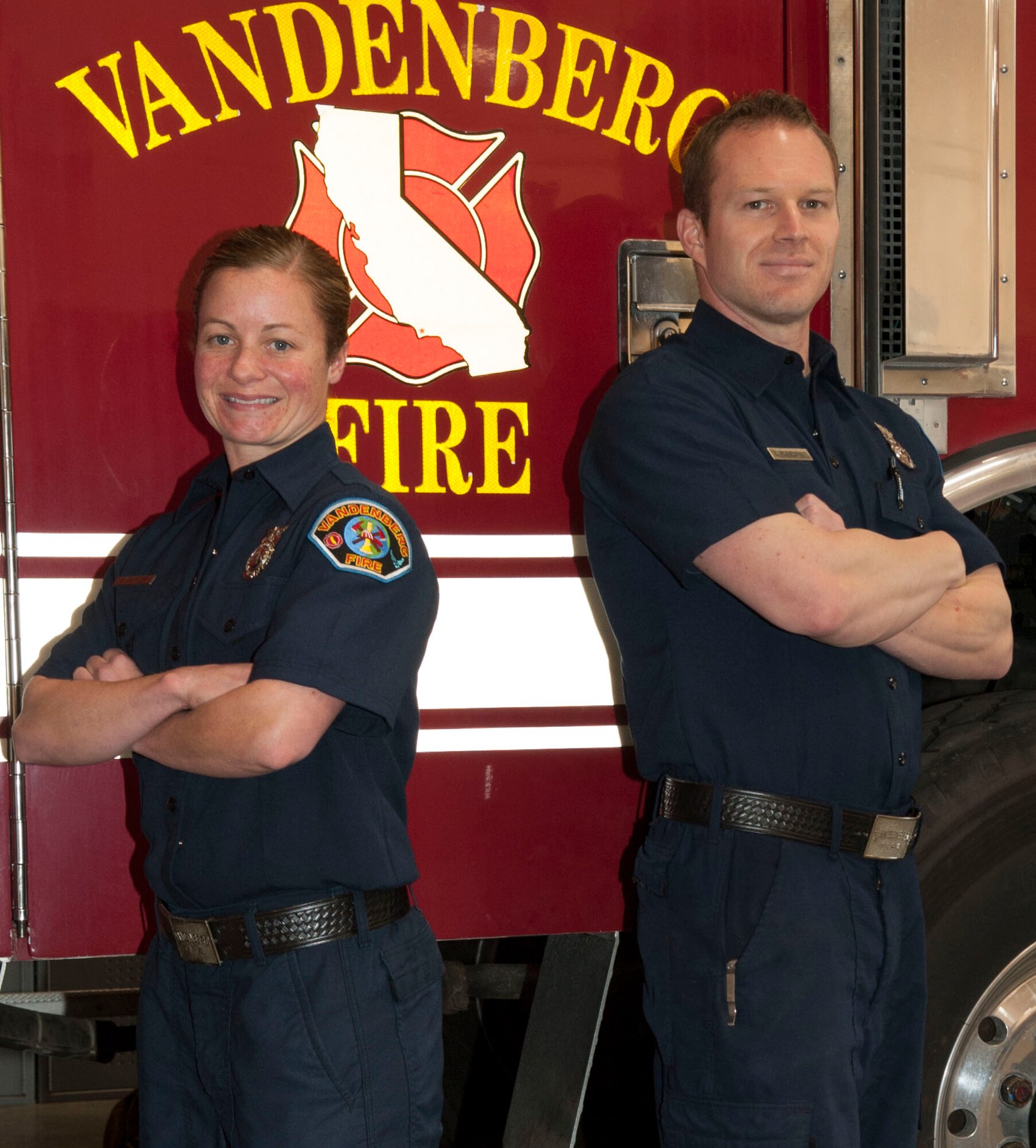 VANDENBERG AIR FORCE BASE, Calif. -- Erin Butler and Eric Klinedinst, 30th Civil Engineer Squadron firefighters, have been chosen to participate in the first-ever Firefighter Throwdown at the San Diego Convention Center, Feb. 19 and 20. This event will test their ability to perform various Olympic-style weightlifts against 98 other competitors chosen from across the county. (U.S. Air Force photo/Senior Airman Shane Phipps)