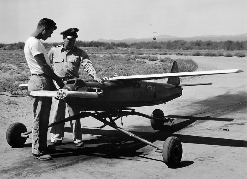 A OQ-19 radio-controlled target plane is shown immediately prior to leaving its launcher. During the plane's flight gunners of B-29 and B-50 crews track and attempt to shoot down the midget plane. The OQ-19 has a top speed of 275 miles per hour. (Strategic Air Command archives)