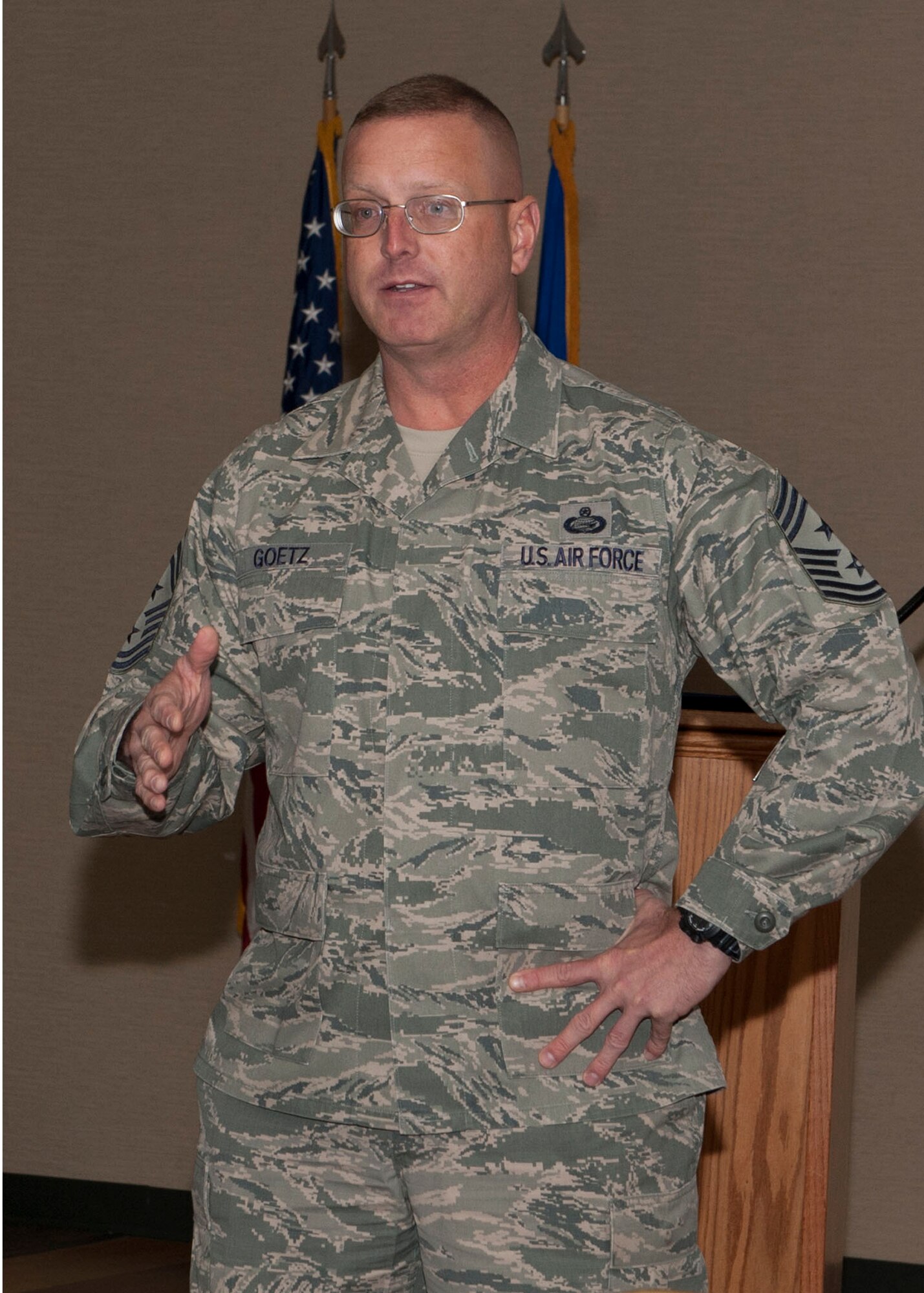 U.S. Air Force Chief Master Sgt. Michael Goetz, 93d Air Ground Operations Wing command chief, speaks during the first Moody Air Force Sergeants Association (AFSA) Chapter 460 meeting of 2014 at Moody Air Force Base, Ga., Jan. 8, 2014. Goetz is an active member of AFSA and was asked to be the guest speaker to induct new Chapter 460 council members. (U.S. Air Force photo by Senior Airman Eileen Meier/Released)