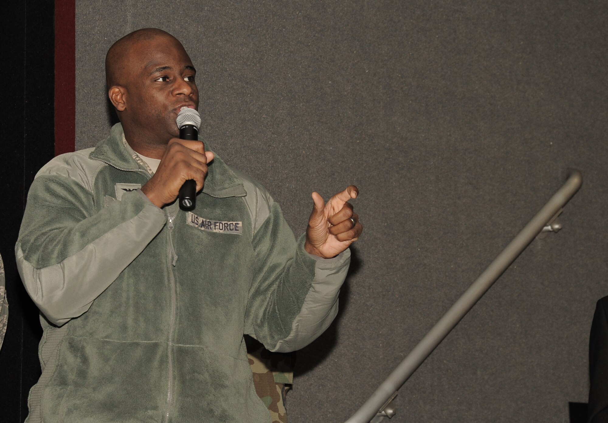 Col. Brian Hill 92nd Air Refueling Wing vice commander, responds to his airman’s concerns on the recent announcement of the Enlisted Retention Board during a town hall at Fairchild Air Force Base, Wash., Jan. 7, 2014. An enlisted retention board will be held in June to consider eligible senior airmen through senior master sergeants for retention in the Air Force. The retention board will review enlisted members records, consisting of enlisted performance reports, decorations and a retention recommendation form to select individuals for continued retention. The board will consider Airmen who are in overmanned Air Force specialties. (U.S. Air Force photo by Staff Sgt. Alexandre Montes/RELEASED)