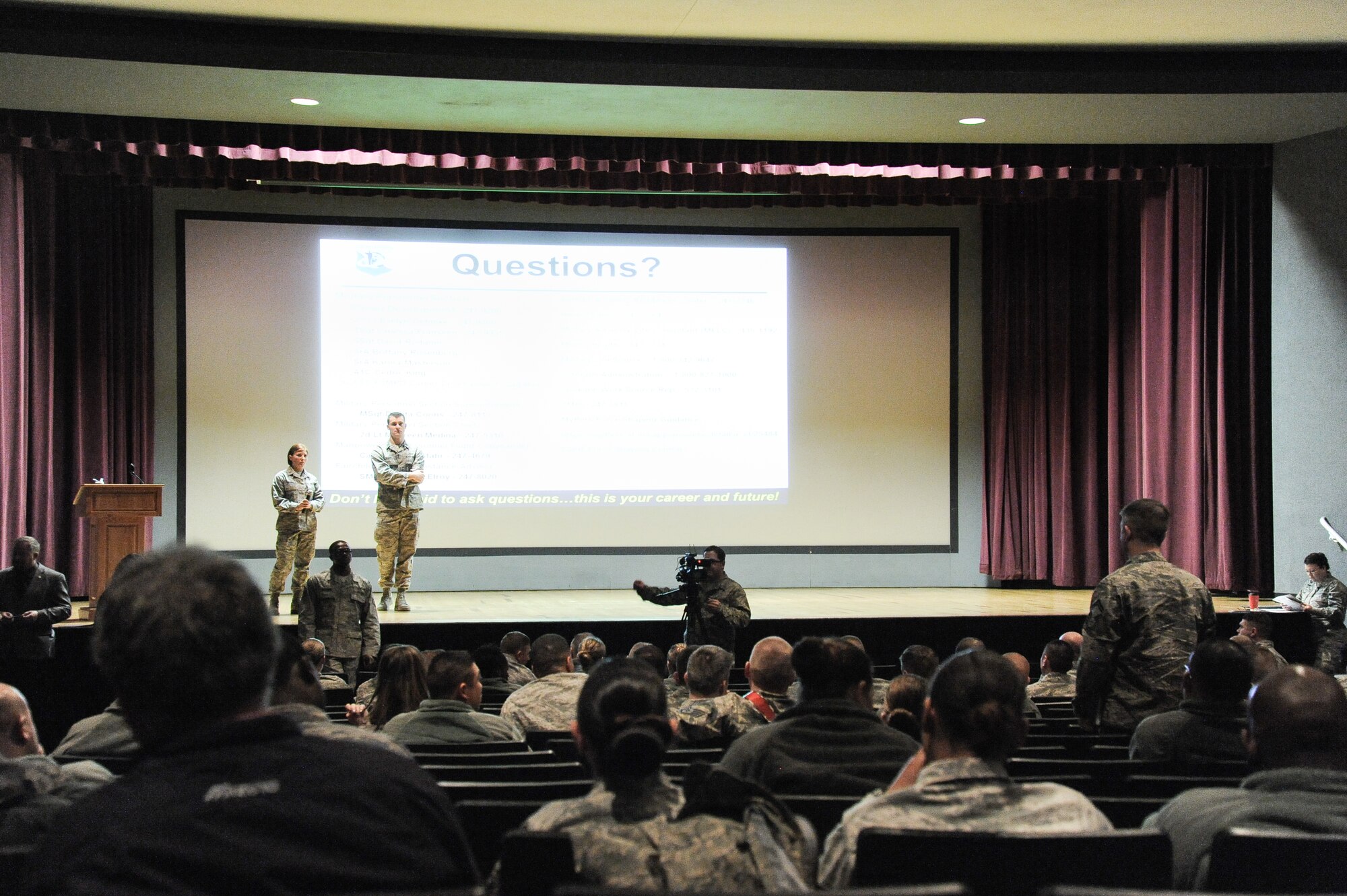 Several Fairchild Airman were given a chance to voice their questions and concerns about the Enlisted Retention Board options during the Enlisted Retention Board town hall at Fairchild Air Force Base, Wash., Jan. 7, 2014. An enlisted retention board will be held in June to consider eligible senior airmen through senior master sergeants for retention in the Air Force. (U.S. Air Force photo by Staff Sgt. Alexandre Montes/RELEASED)