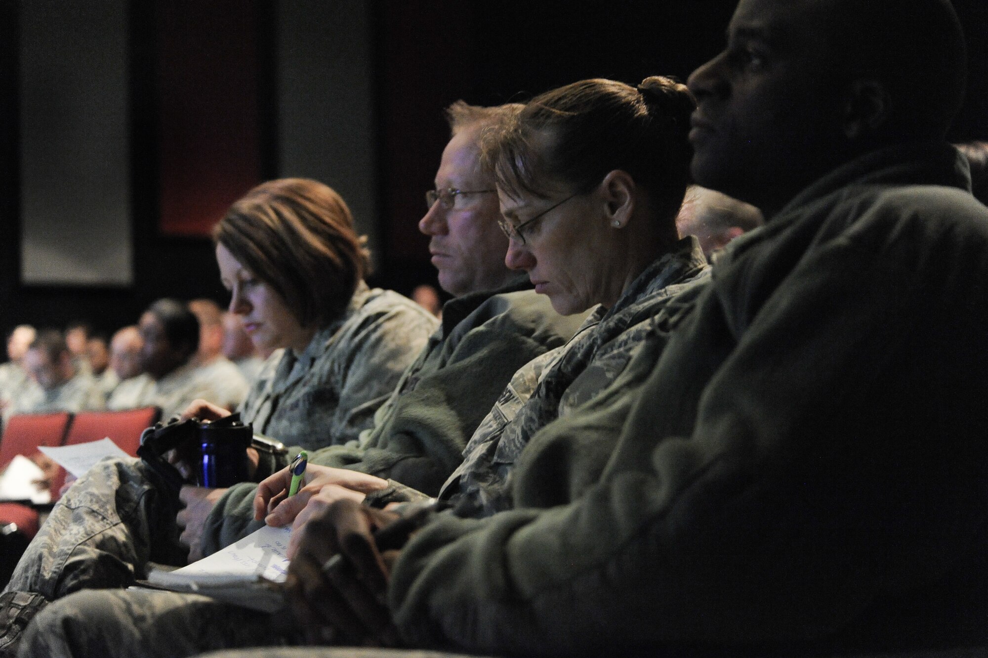 Fairchilds’ Active and Guard Leadership attended the Air Force Enlisted Retention Board town hall to stay informed and mentor their Airmen at Fairchild Air Force Base, Wash., Jan. 7, 2014. An enlisted retention board will be held in June to consider eligible senior airmen through senior master sergeants for retention in the Air Force. (U.S. Air Force photo by Staff Sgt. Alexandre Montes/RELEASED)