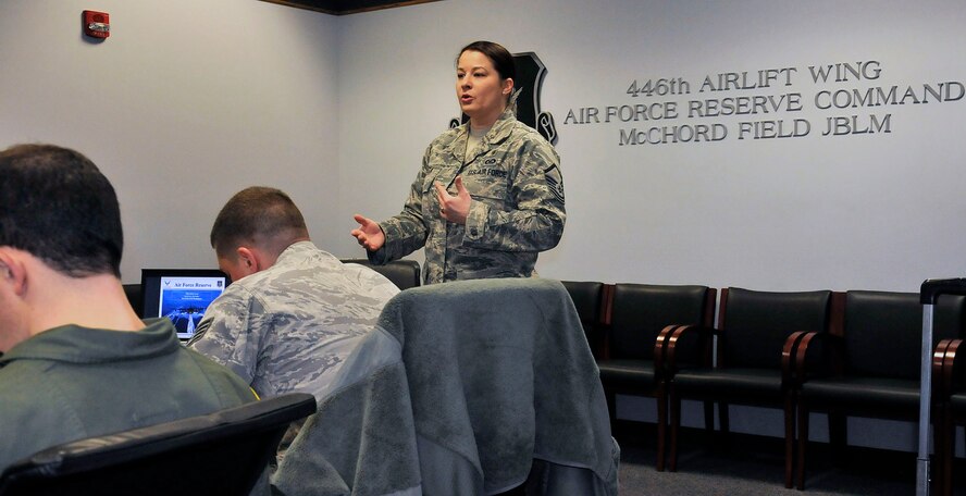 Master Sgt. Kylie Costa briefs active-duty Airmen on their opportunities to continue serving in the Air Force Reserve. Costa’s office is in Bldg. 100, Room 1041 and her briefings are in the 446th Airlift Wing Headquarters, Bldg. 1214, Wing Conference Room on Thursdays at 10 a.m.  (U.S. Air Force Reserve photo by Master Sgt. Jake Chappelle)
