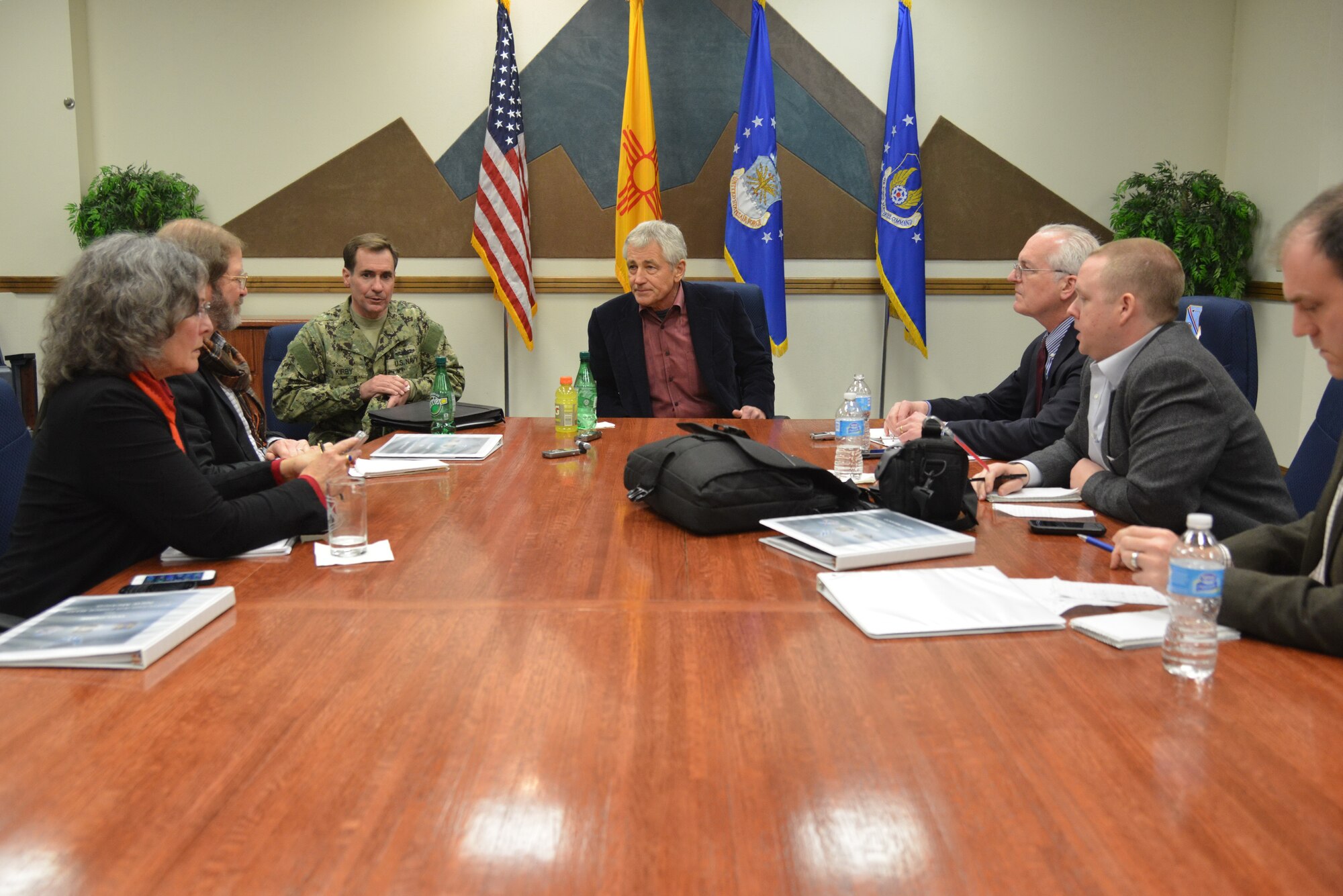 On Jan. 8, Secretary of Defense Chuck Hagel visited Kirtland Air Force Base and Sandia National Laboratories. Hagel toured installation facilities and received briefings on the modernization, safety and security of the United States nuclear weapons programs. (Photo by Ken Moore)
