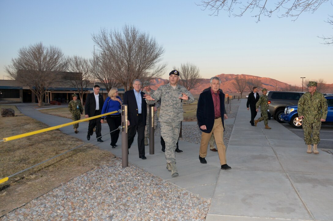 On Jan. 8, Secretary of Defense Chuck Hagel visited Kirtland Air Force Base and Sandia National Laboratories. Hagel toured installation facilities and received briefings on the modernization, safety and security of the United States nuclear weapons programs. (Photo by Ken Moore)
