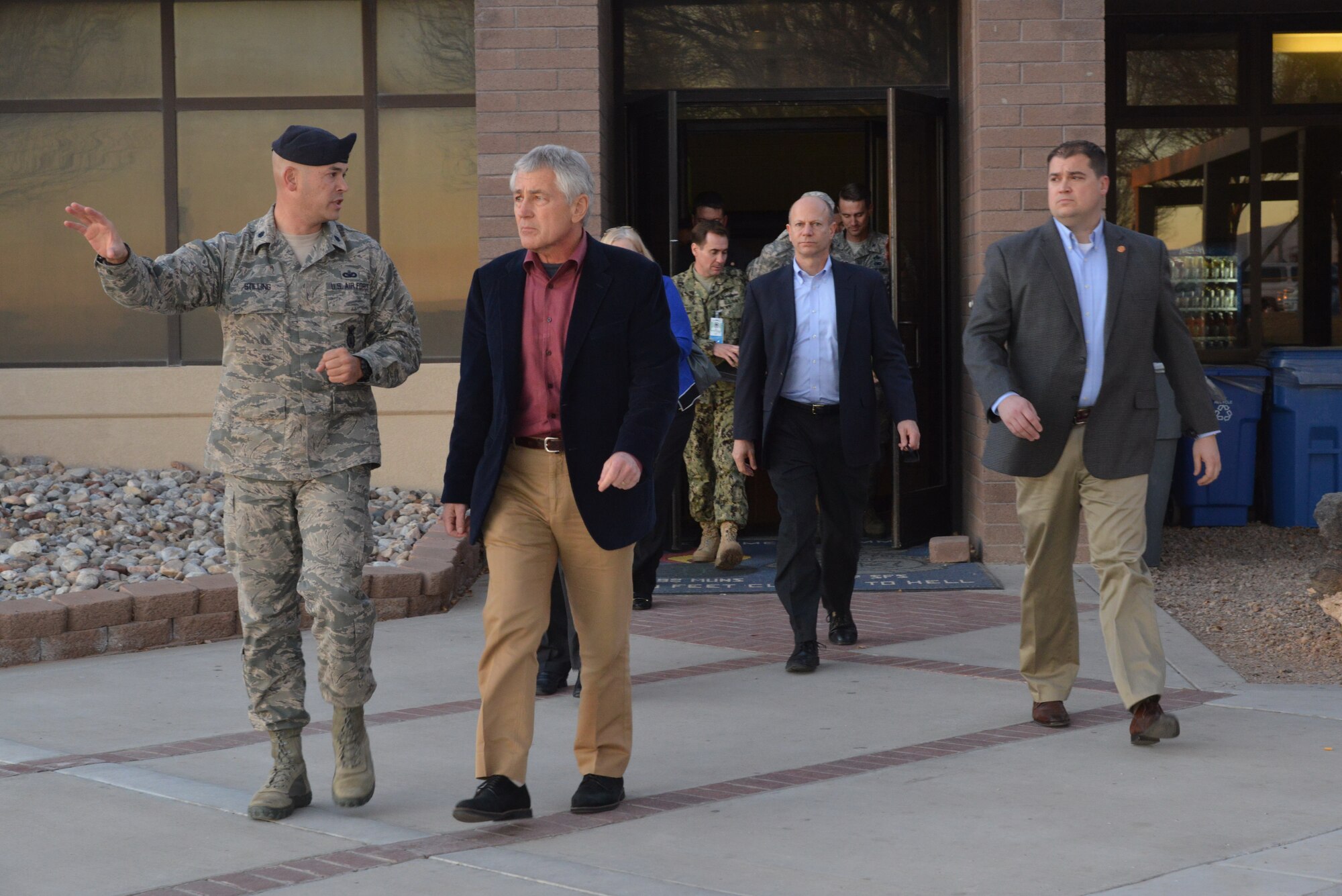 On Jan. 8, Secretary of Defense Chuck Hagel visited Kirtland Air Force Base and Sandia National Laboratories. Hagel toured installation facilities and received briefings on the modernization, safety and security of the United States nuclear weapons programs. (Photo by Ken Moore)
