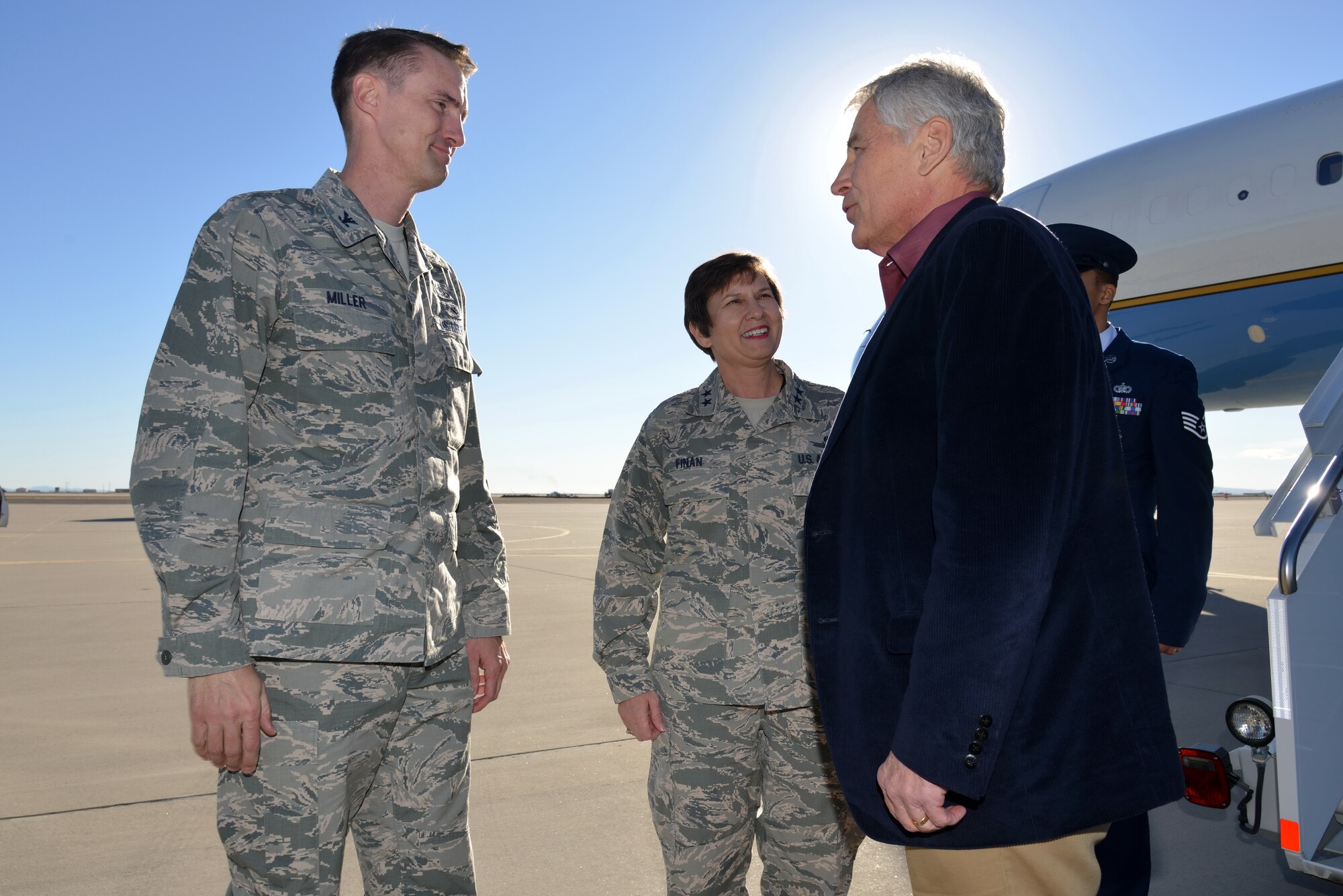 On Jan. 8, Secretary of Defense Chuck Hagel visited Kirtland Air Force Base and Sandia National Laboratories. Hagel toured installation facilities and received briefings on the modernization, safety and security of the United States nuclear weapons programs. (Photo by Ken Moore)
