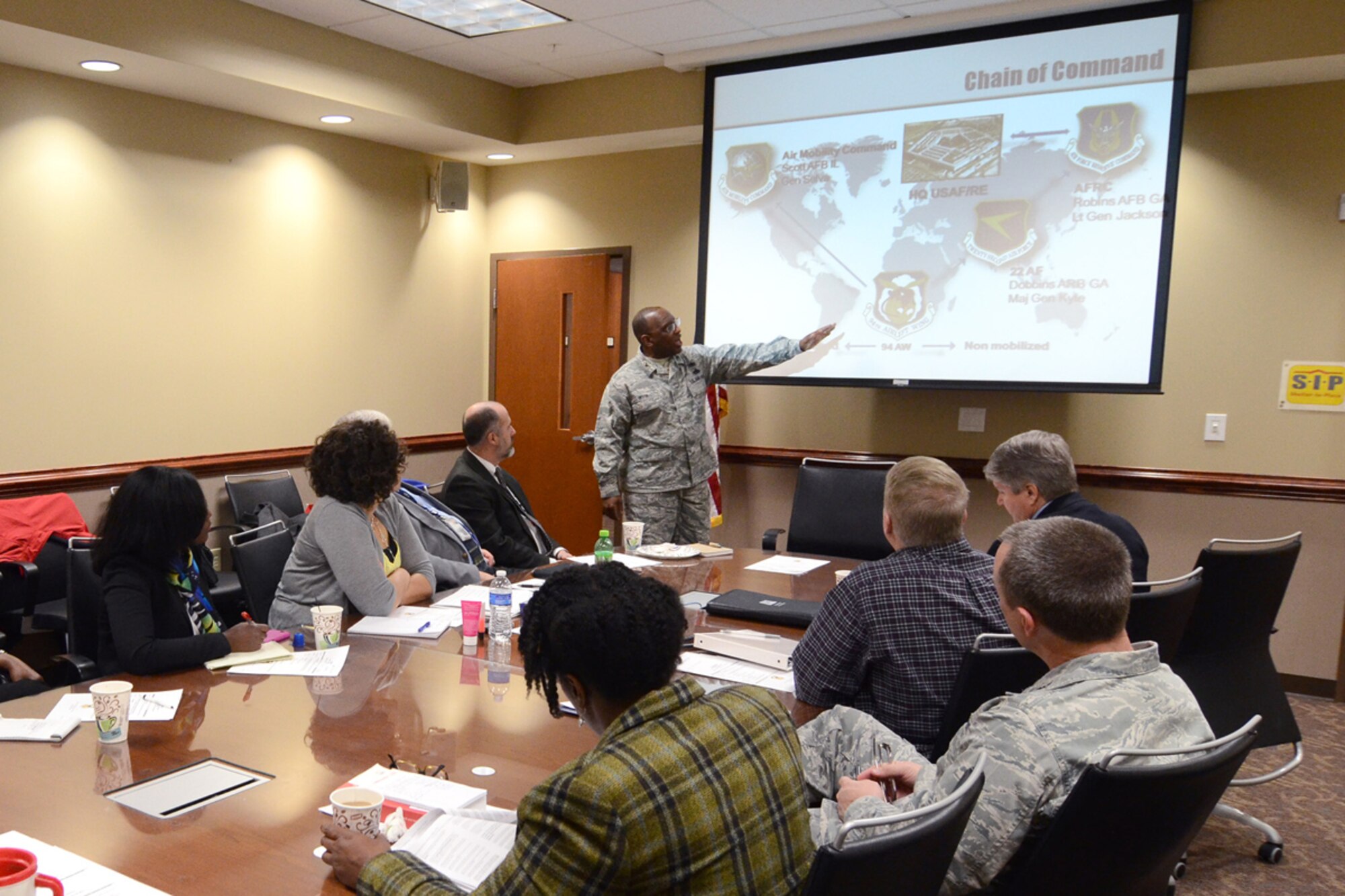 Col. Marshall irvin, 94th Mission Support Group commander, gives an overview of the 94th Airlift Wing Mission to fourteen Atlanta and Warner Robins area government contracting agency leaders during the quarterly Heads of Contracting Activity meeting Jan. 8. The HCA meeting serves as a platform for Air Force Reserve Command, Warner Robins Air Logistics Complex, Center for Disease Control and Prevention, Housing and Urban Development, Small Business Administration and Dobbins Air Reserve Base chiefs of contracting to discuss resource issues, ideas and best practices. (U.S. Air Force photo/Brad Fallin)