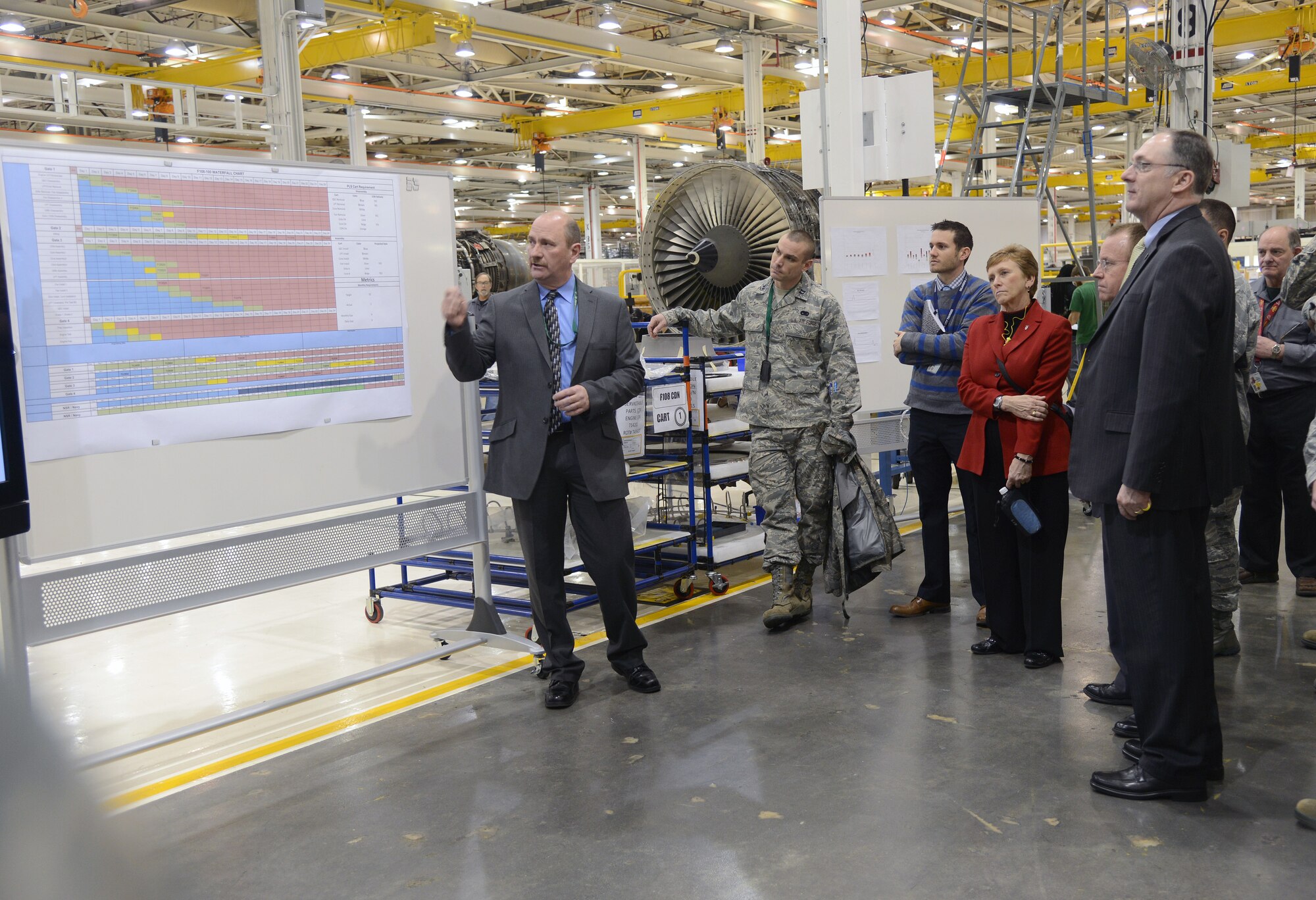 Thomas Leinneweber, of the 546th Propulsion Maintenance Squadron, briefs members of the Logistics Board about how the gated process is working in the F-108 Engine Modular Flow Shop during a tour of Bldg. 9001 Tuesday.  Members of the Logistics Board were at Tinker this week to establish a focused Enterprise approach leading ready, affordable logistics in a Joint world. (Air Force photo by Kelly White)