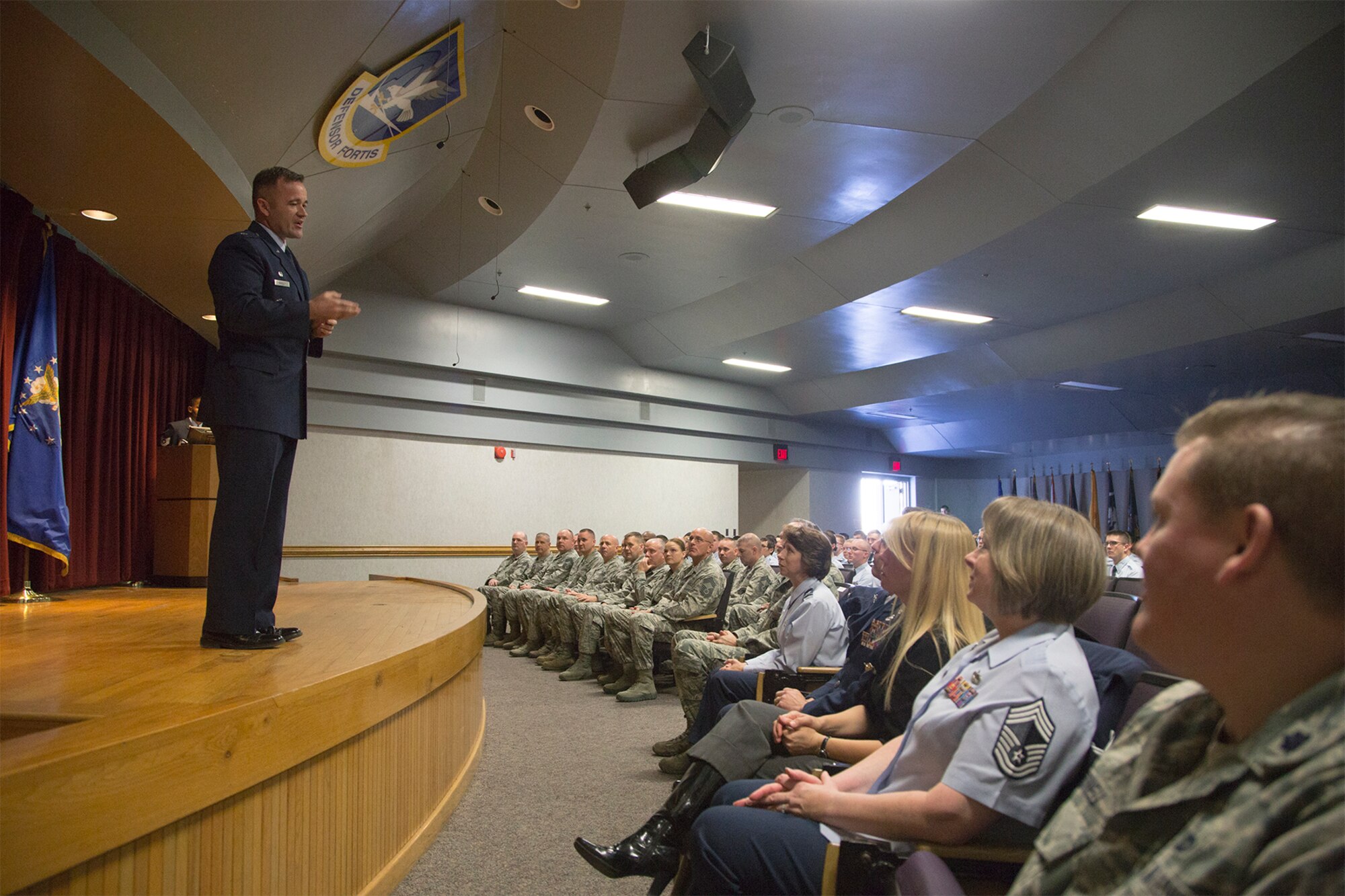 Lt. Col. Paul Quigley, 343rd Traininag Squadron commander speaks about Staff Sgt.
Todd Lobraico Jr., a defender who was killed in action in Afghanistan, during a dedication
ceremony at the 343rd Training Squadron. The ceremony was held to honor Lobraico’s
sacrifice and add his photo to the Security Forces Memorial Wall.