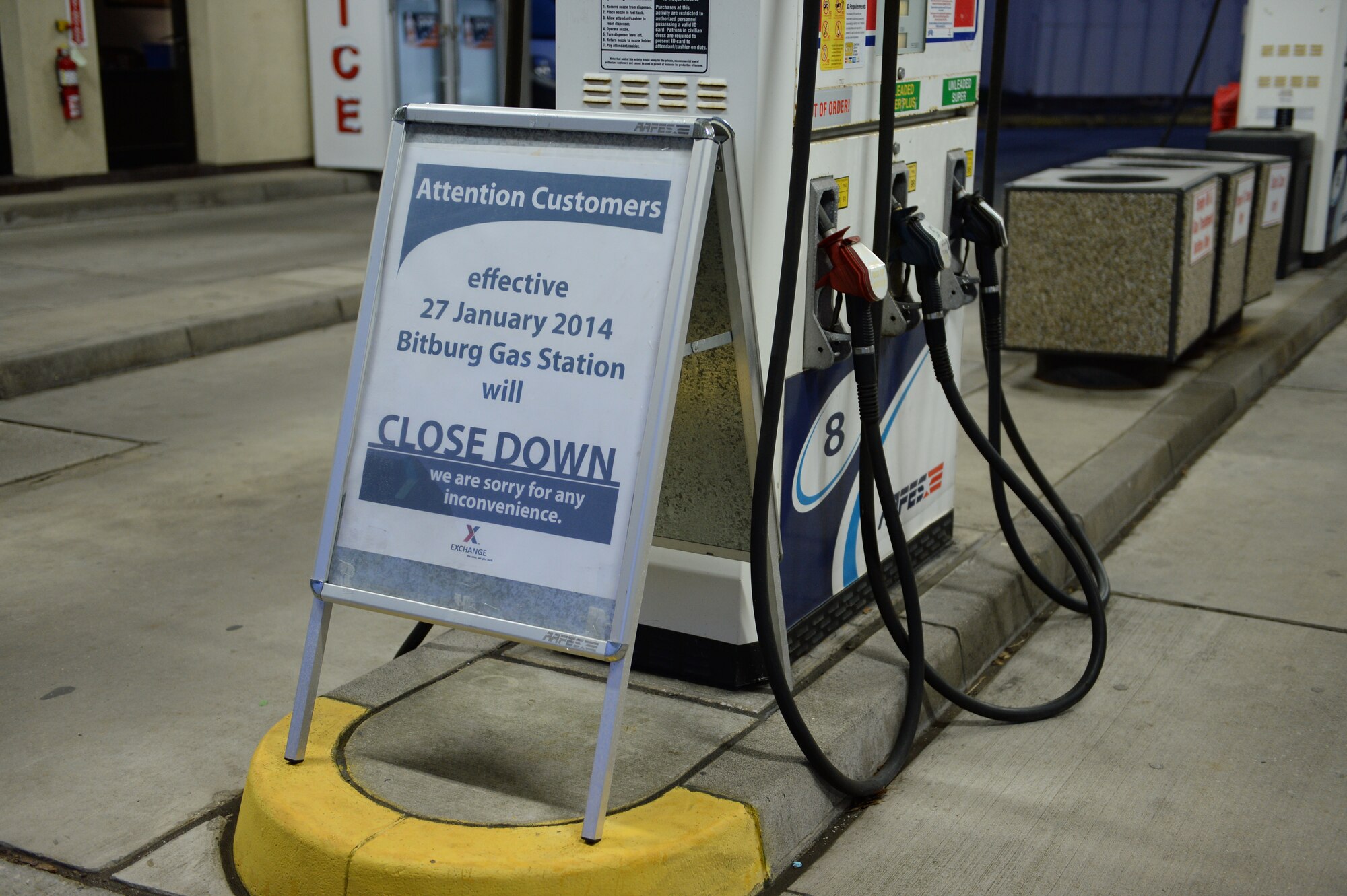 BITBURG BASE ANNEX, Germany -- A sign advertising a pending is displayed at the annex's gas station Jan. 8, 2014. The gas station will cease operations Jan. 27 as part of the 52nd Fighter Wing's efforts to transition the annex back to the local community. (U.S. Air Force photo by Senior Airman Alexis Siekert / Released)