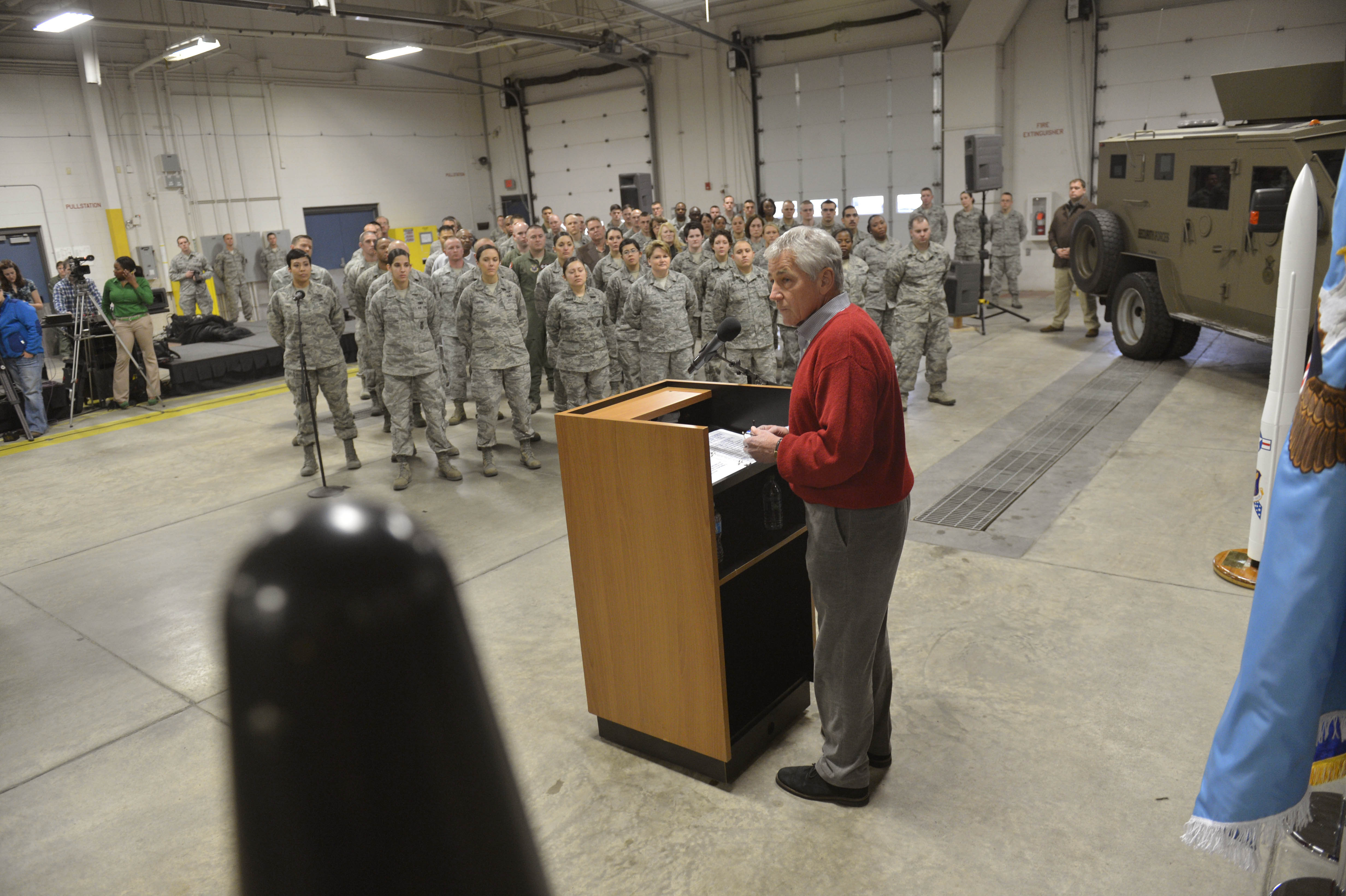 Defense Secretary Chuck Hagel addresses Air Force airmen and personnel of  the 90th Missile Wing during